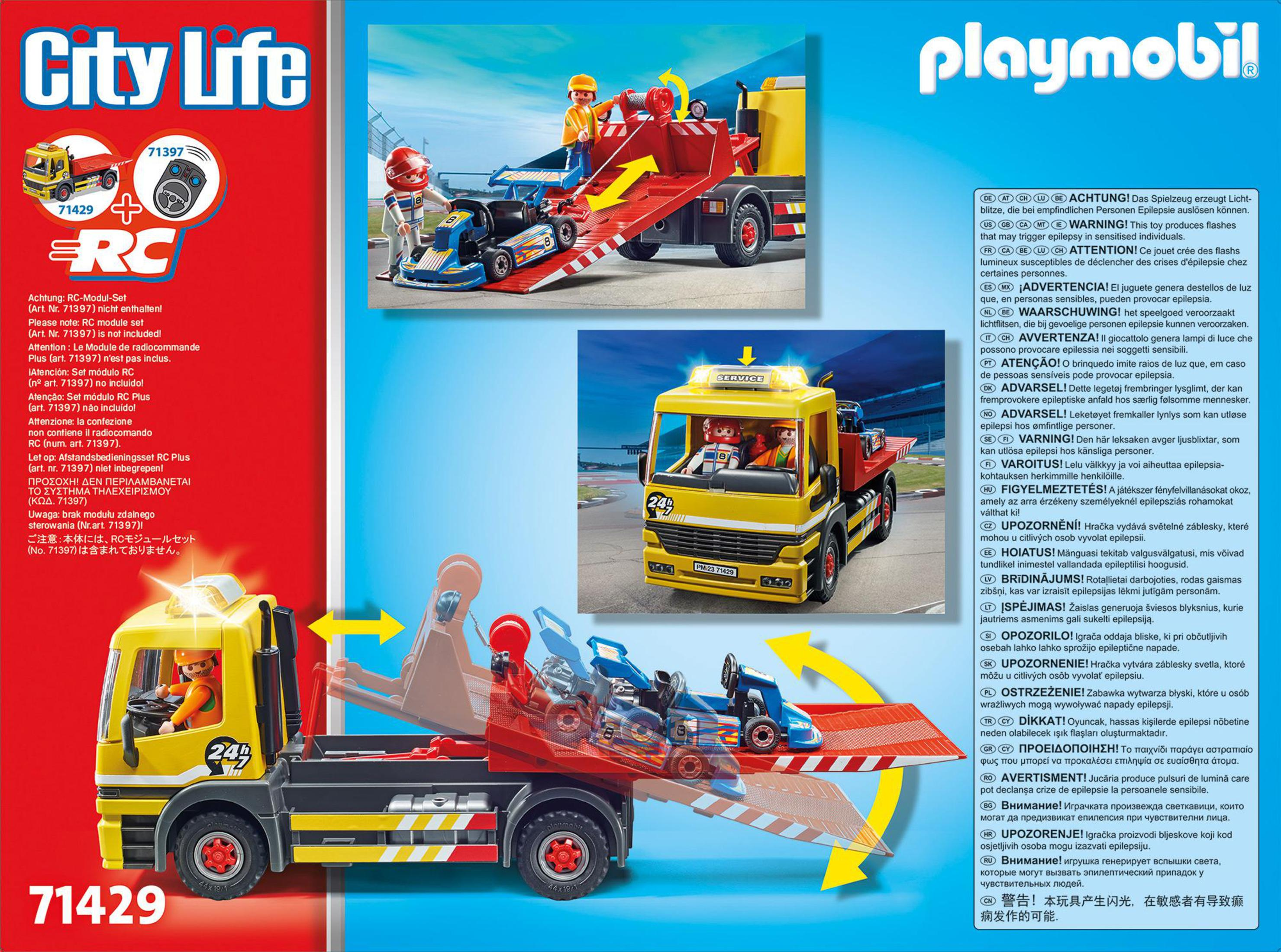 Una scatola Playmobil che raffigura un camion con rampa, un go-kart e un'auto, con testo multilingue.