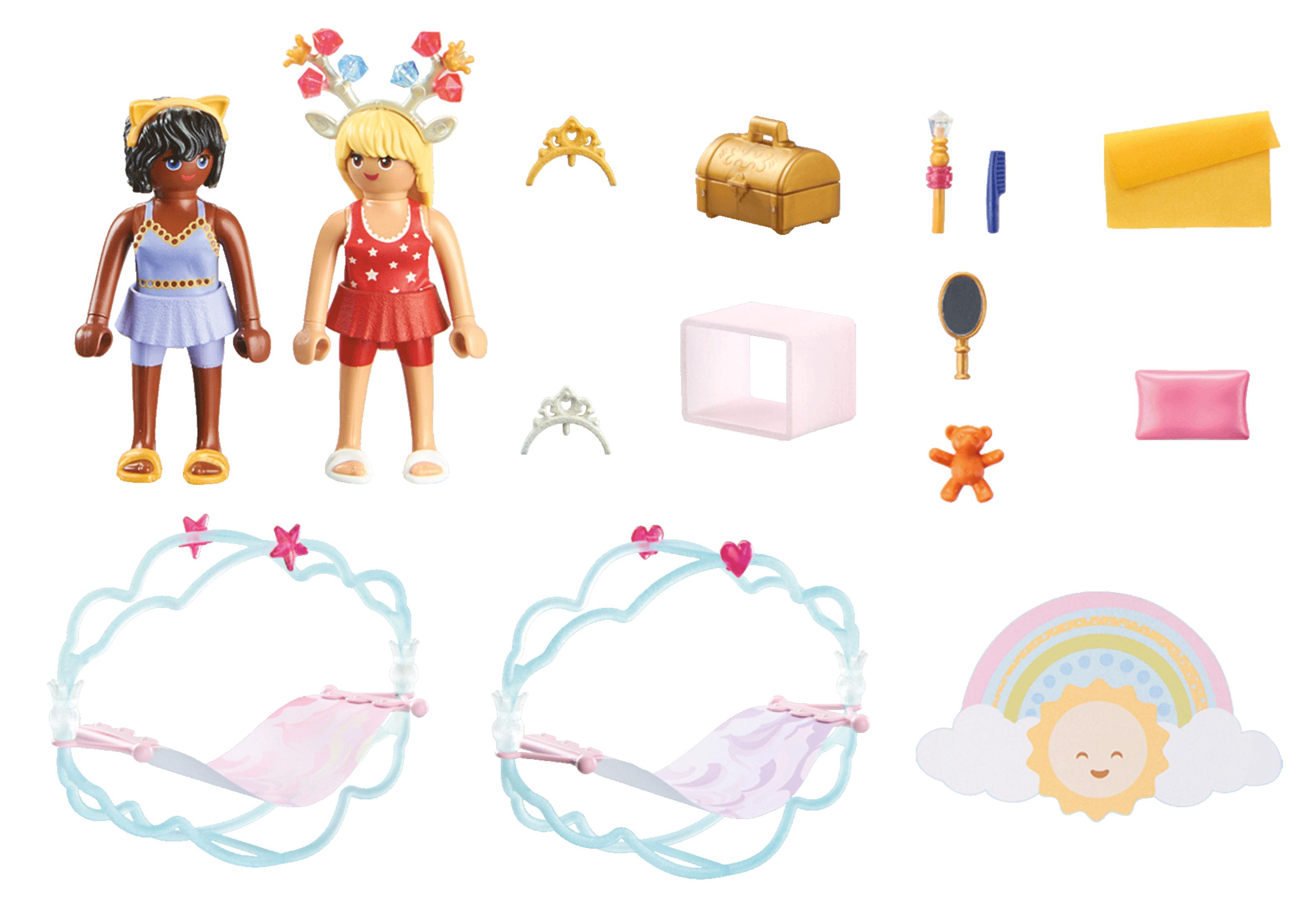 Un set Playmobil con due personaggi, accessori come tiare, uno specchio e una decorazione arcobaleno.