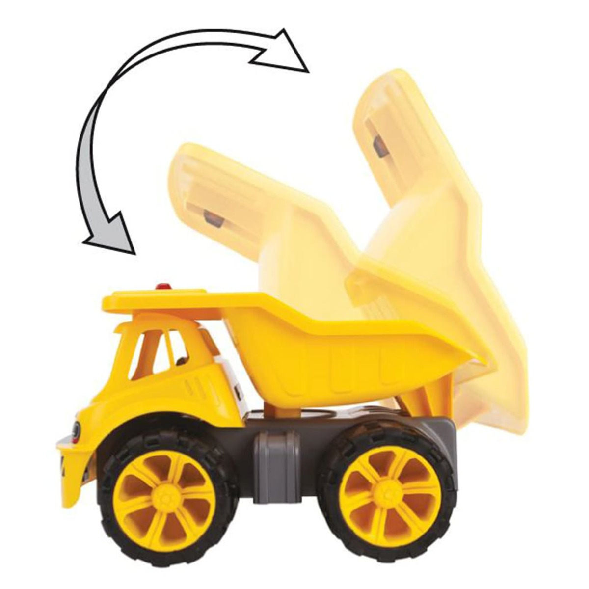 Żółta zabawka ciężarówka z przechylaną skrzynią, czarnymi kołami i białym tłem.