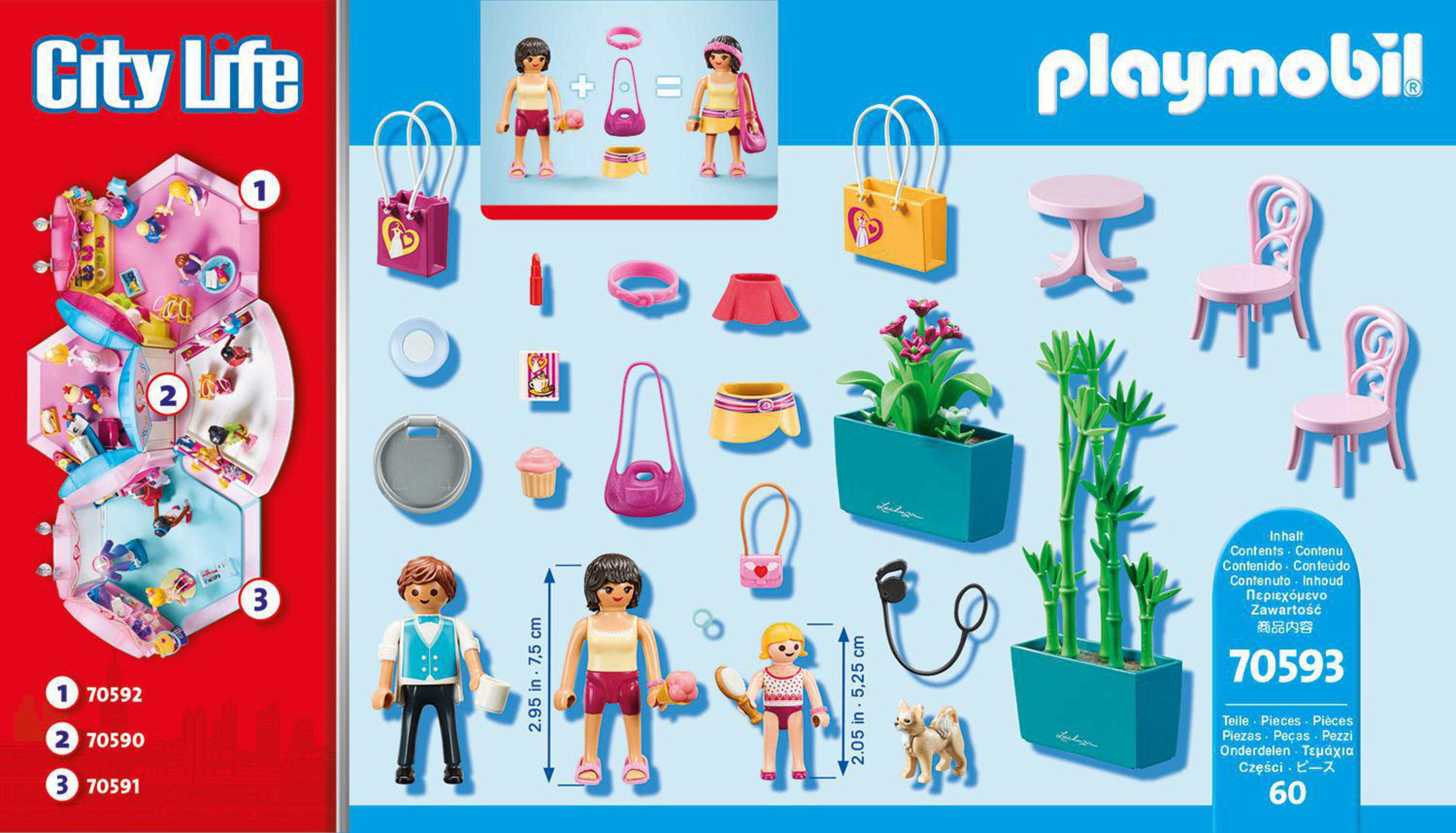 Playmobil City Life Set mit Figuren, Zubehör und einem Blumengeschäft vor weißem Hintergrund.