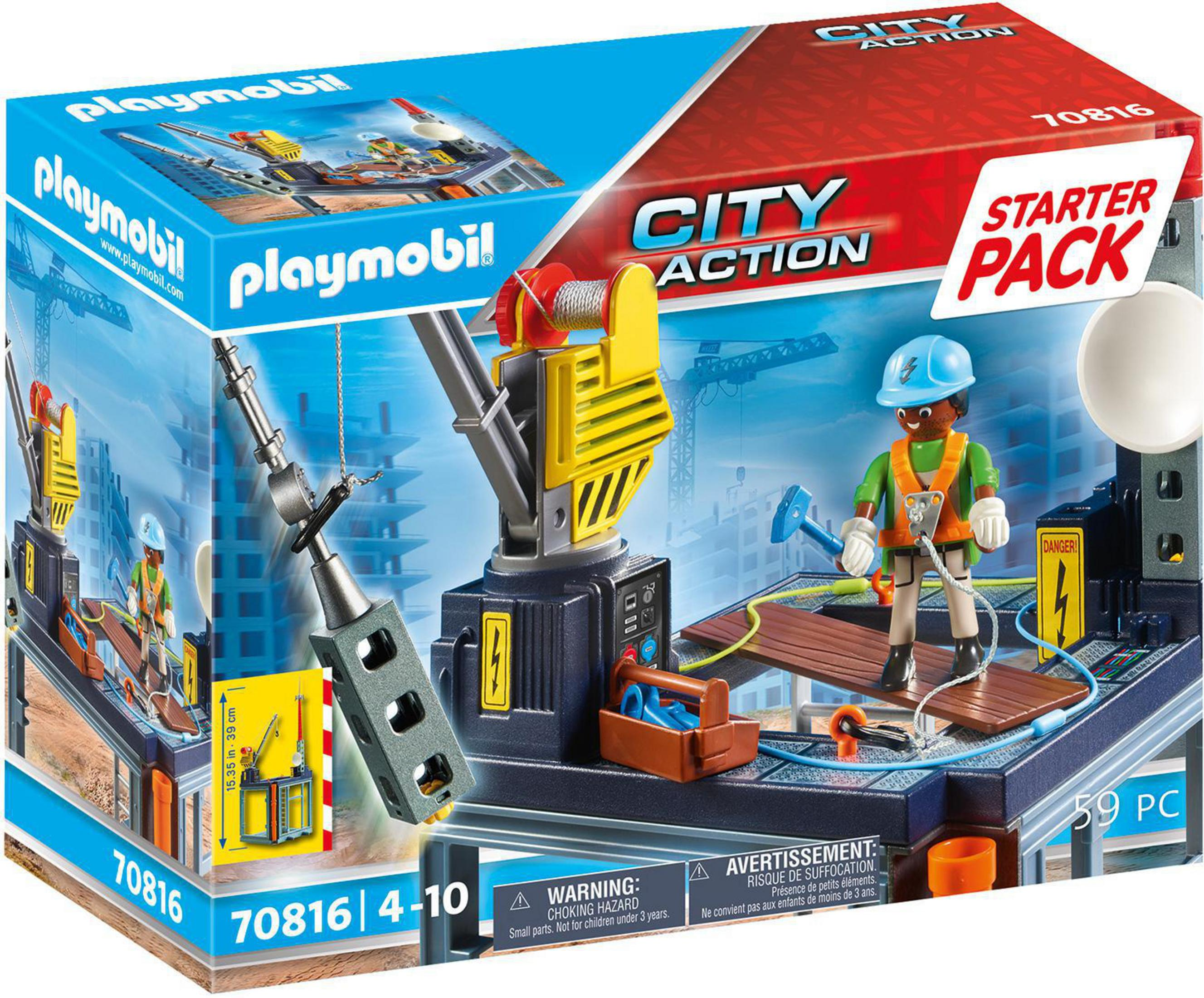 Zestaw Playmobil: Plac budowy z dźwigiem, robotnikiem i materiałami budowlanymi. Na pudełku napis: City Action, Starter Pack.
