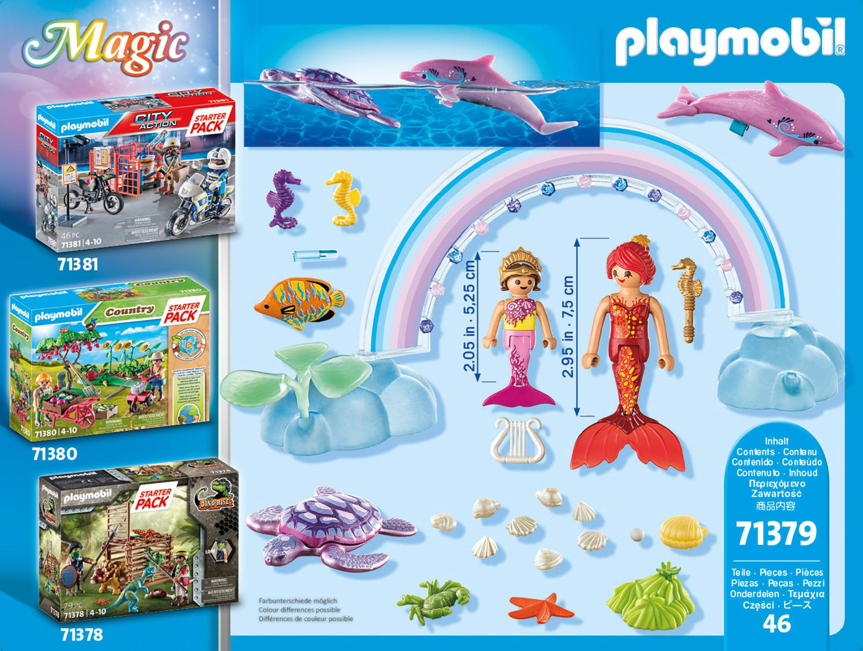 Playmobil Set: Meerjungfrauen, Delfine, Seepferdchen, Fische, Muscheln und ein Regenbogen.