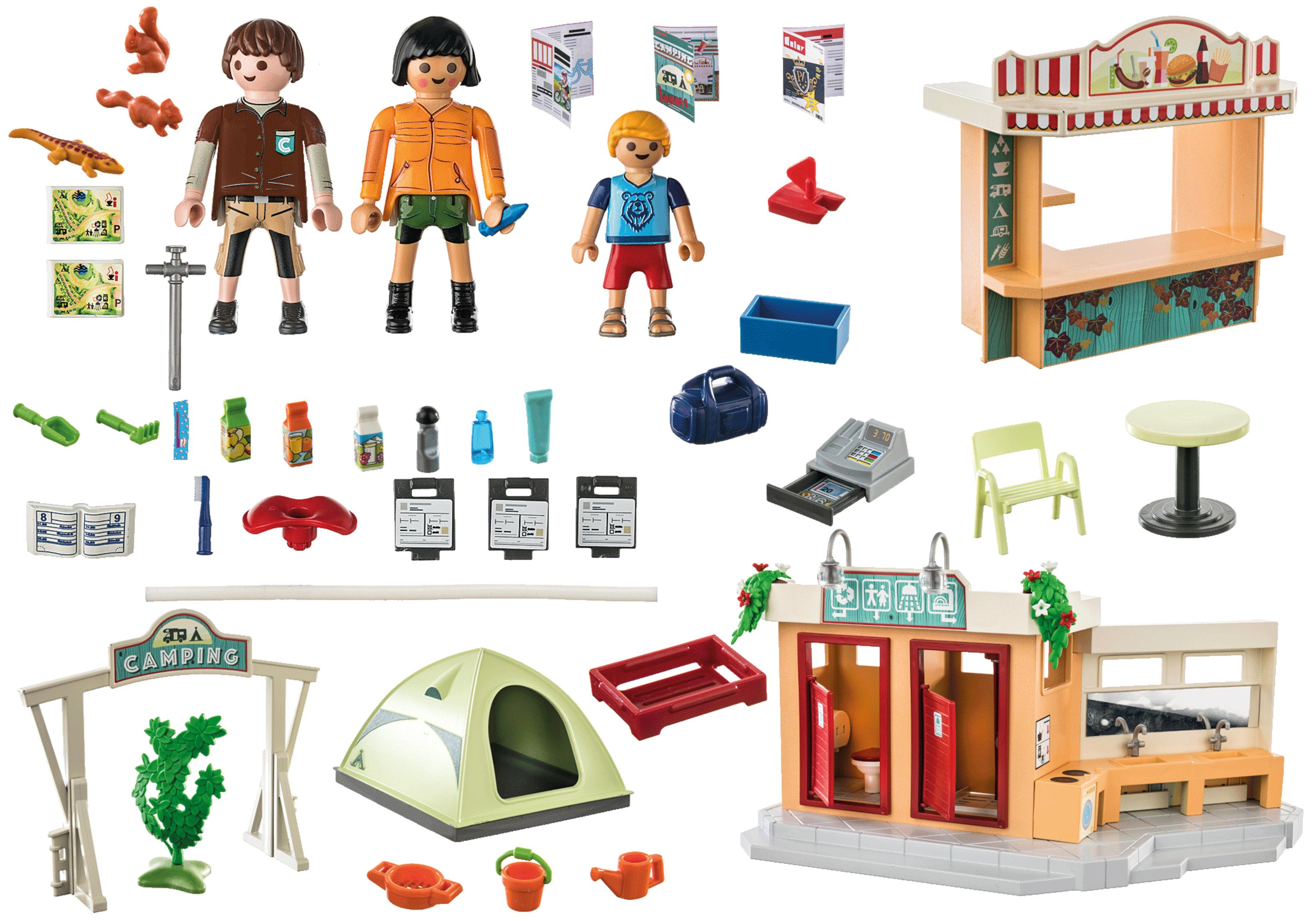 Set campeggio Playmobil con personaggi, tenda, strutture e accessori. Sfondo bianco, ben illuminato.