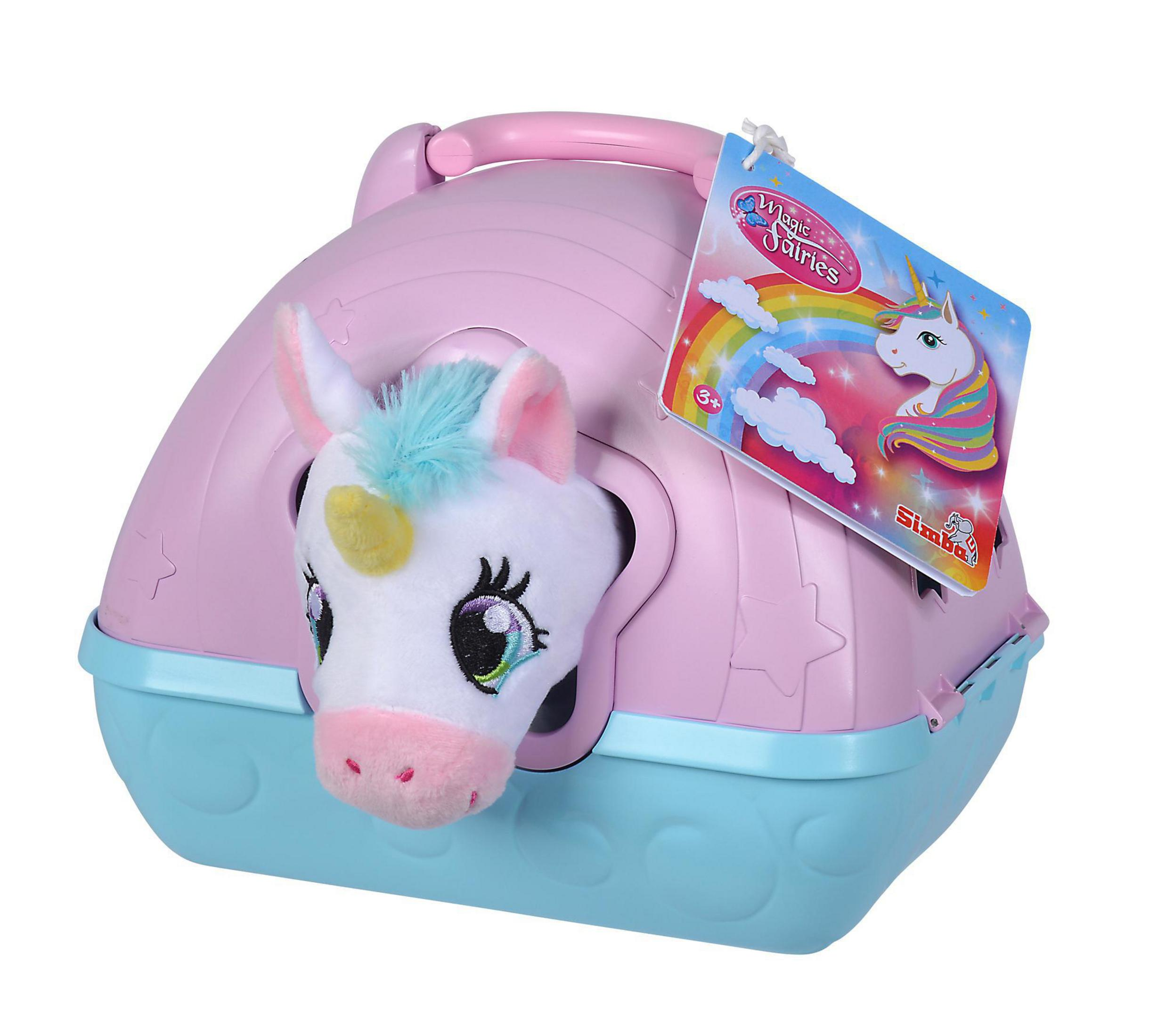 Ein rosa-blauer Einhorn-Tragetaschen-Spielzeug, mit einem Einhorn-Spielzeug, das herauslugt.