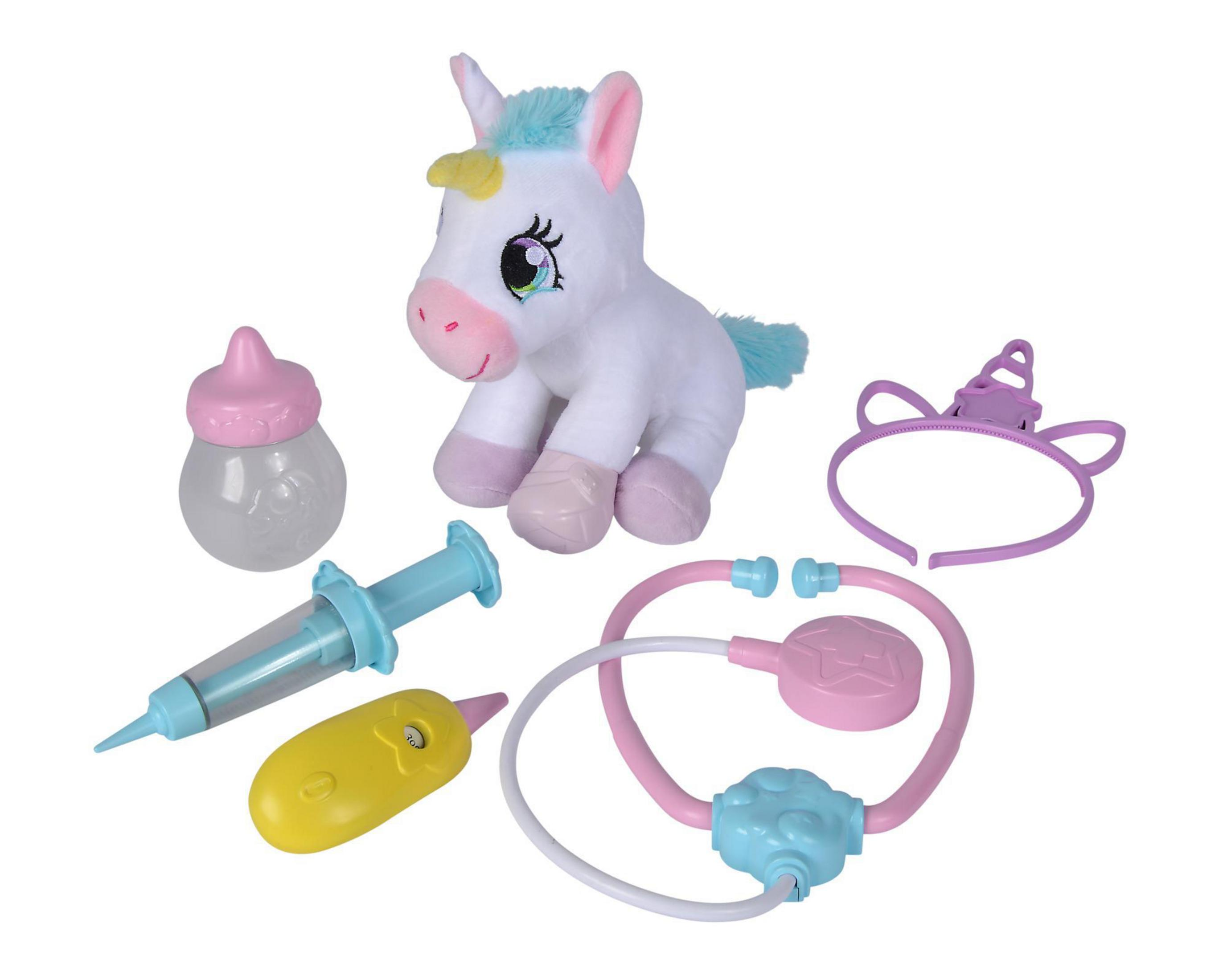 Ein Spielzeug-Einhorn mit Werkzeugen des Arztes. Werkzeuge umfassen Stethoskop, Spritze, und Flasche.