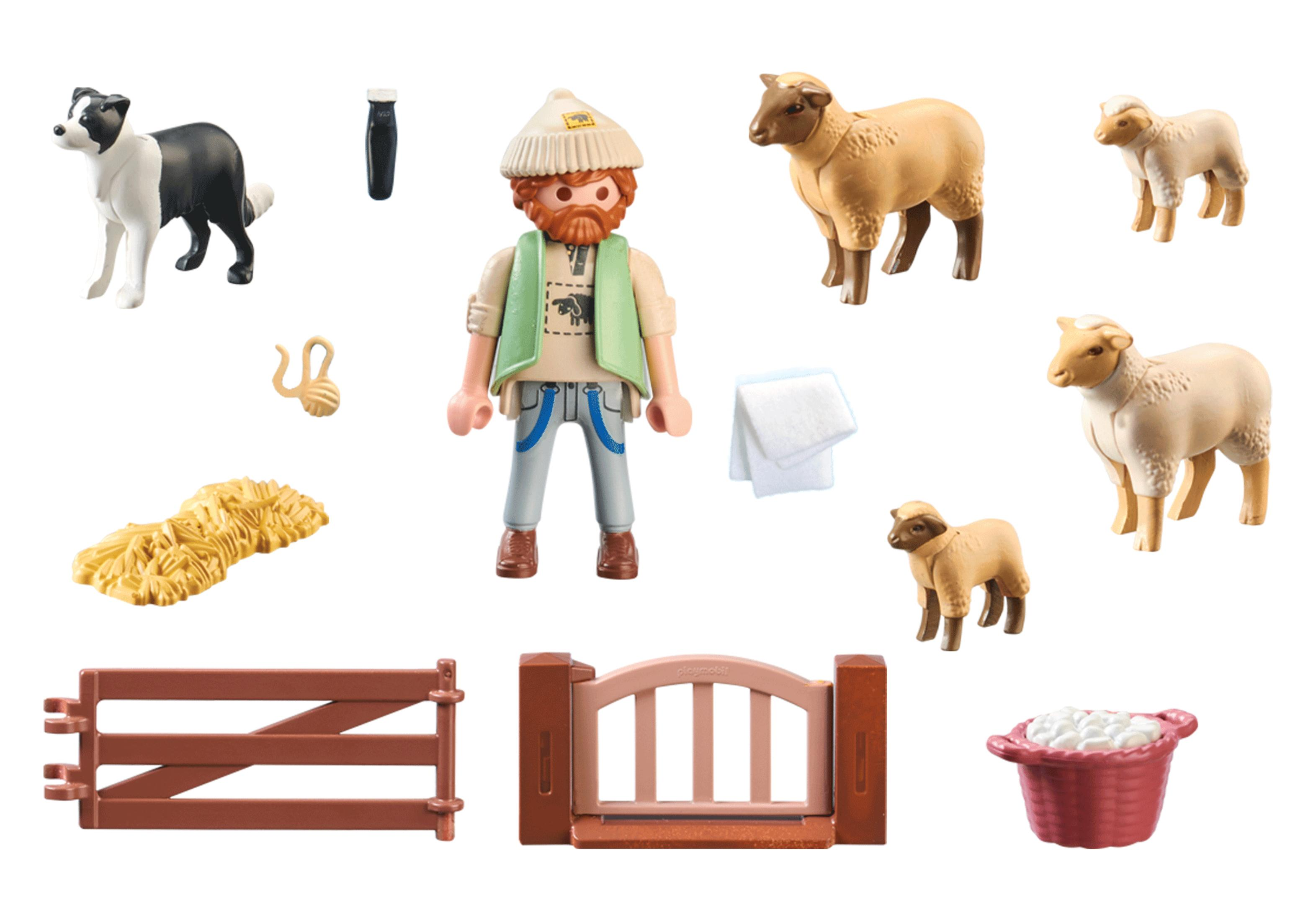 Playmobil-Bauernhof-Set mit einem Bauern, Hund, Schafen und Zäunen. Einige Schafe sind in einem Korb.