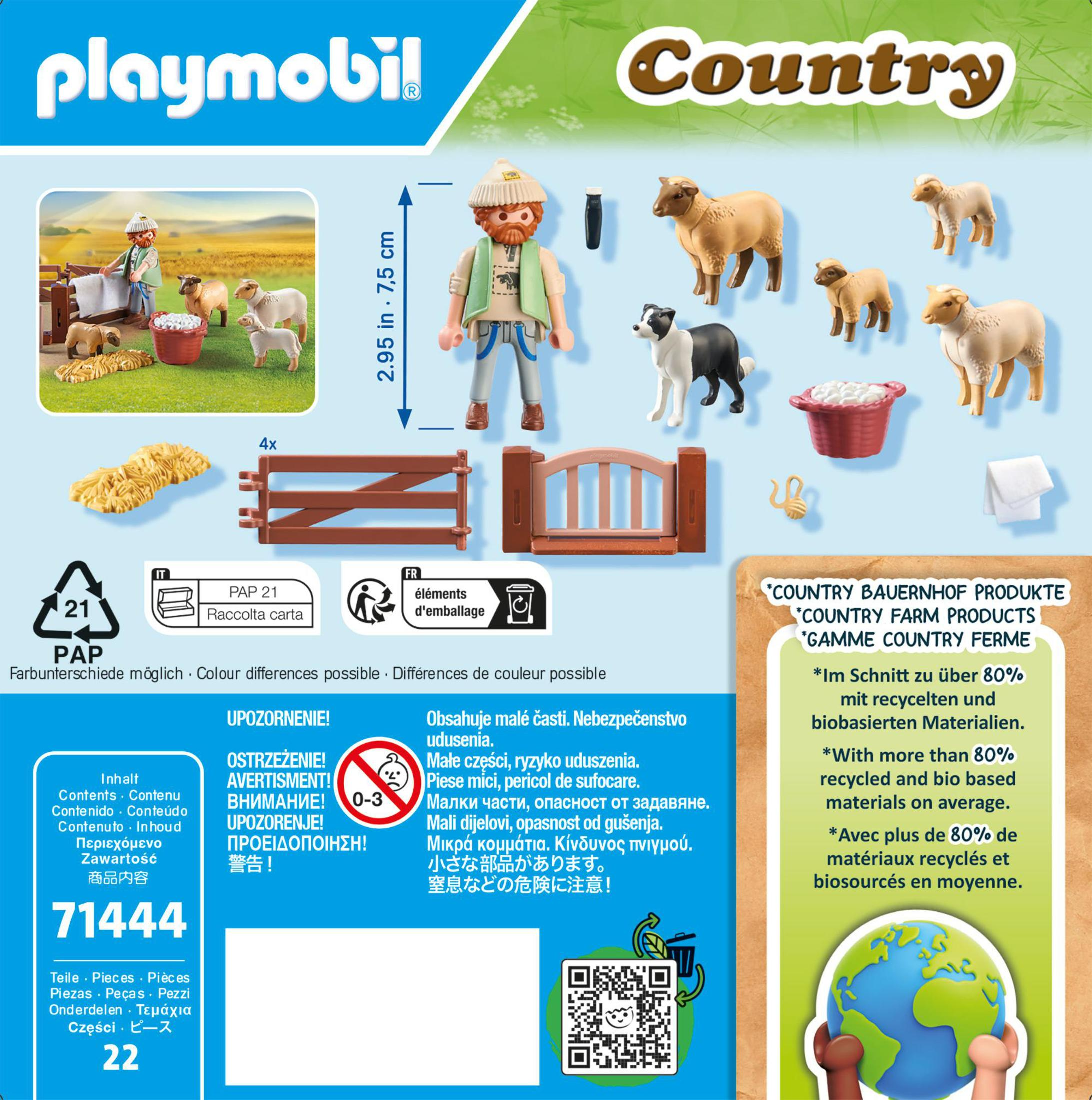Playmobil-Set-Box, Bauer mit Schafen und Zubehör. Grün-weißer Hintergrund.