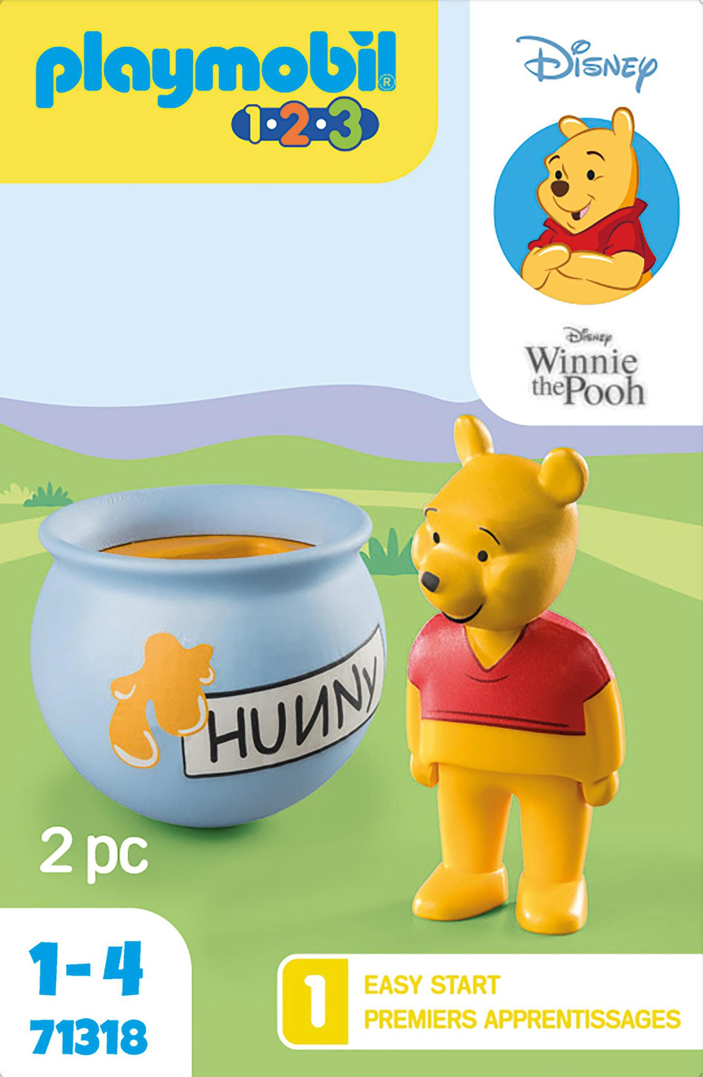 Playmobil Winnie Puuh Set: Puuh Figur und blauer Honigtopf, weißer Hintergrund.