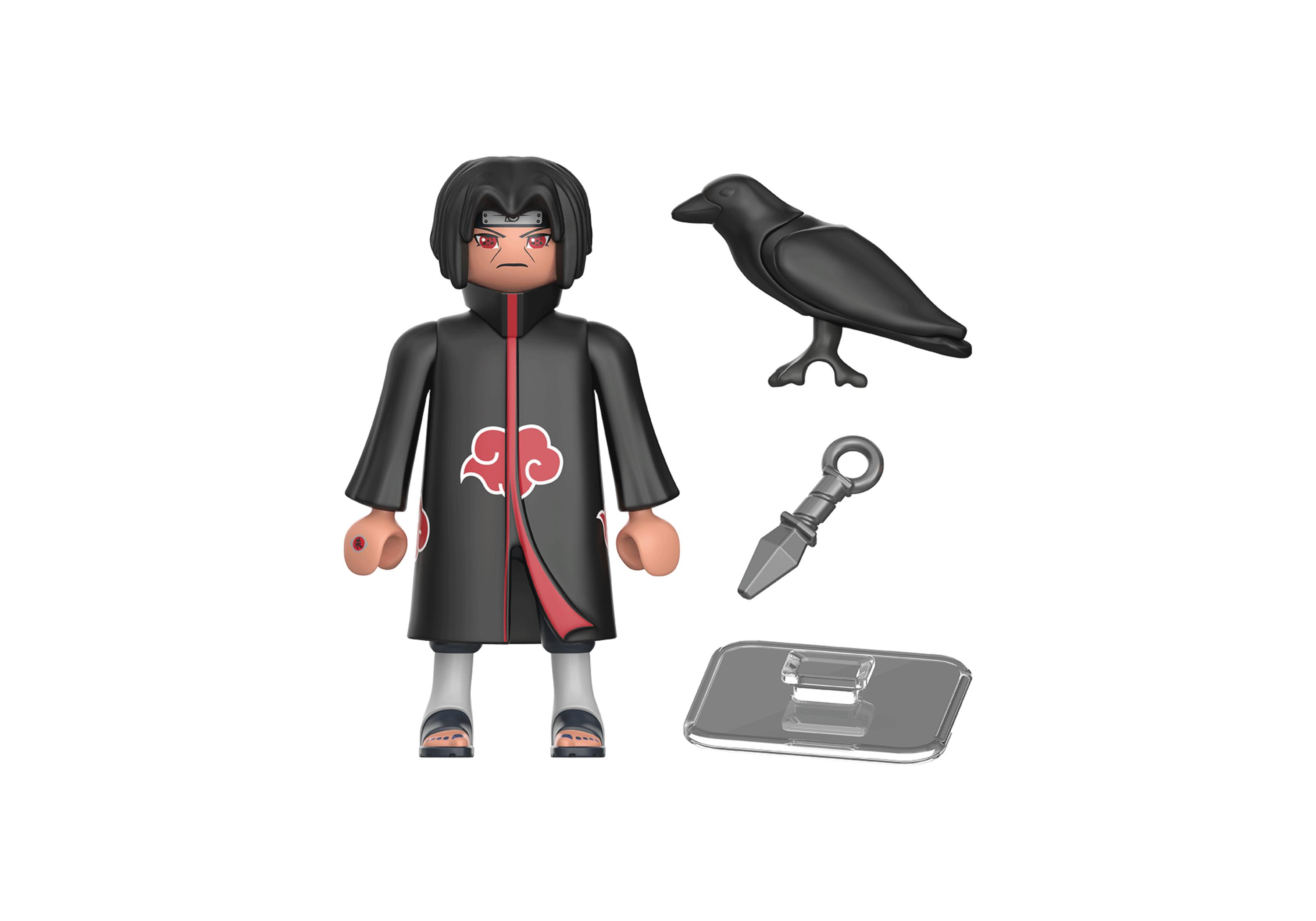 Playmobil Itachi Uchiha Figur mit Rabe und Kunai. Figur in schwarzem Umhang mit roten Wolkenmustern.