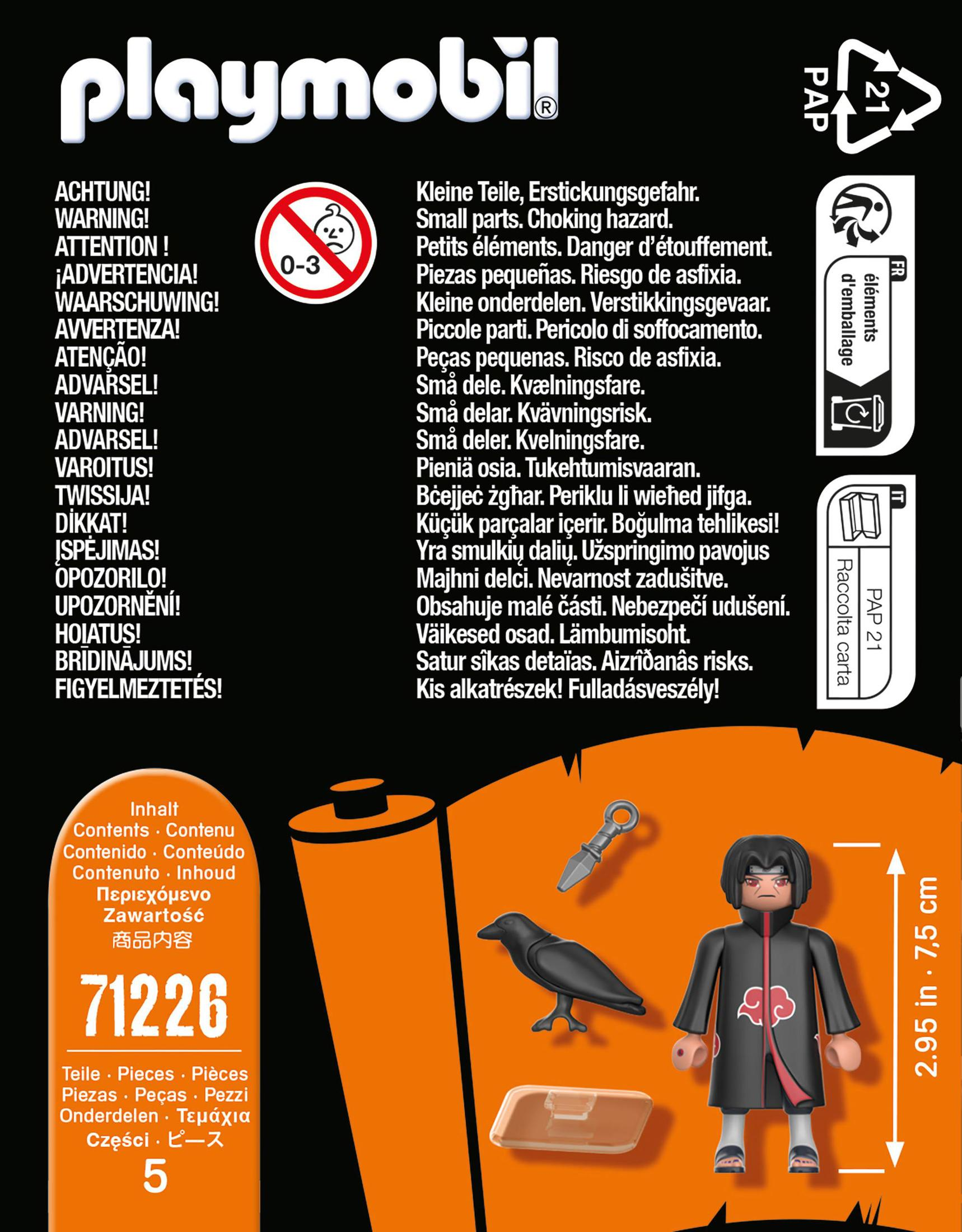 Playmobil-Box-Set: eine Figur, ein Rabe, Waffen und Text. Warnungen in verschiedenen Sprachen.