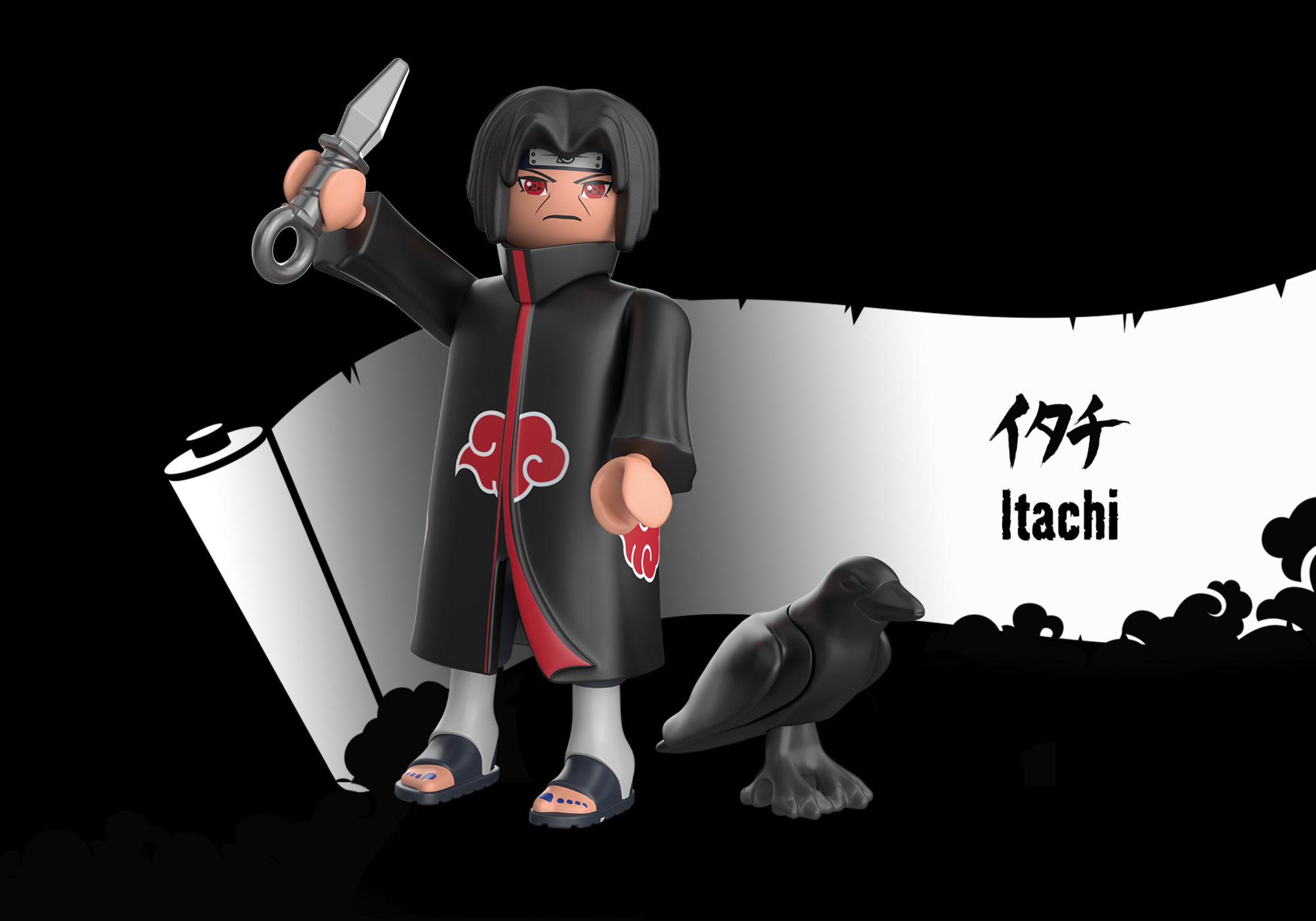 Spielfigur von Itachi mit einer Krähe und einer Schriftrolle. Der Hintergrund ist schwarz und weiß.