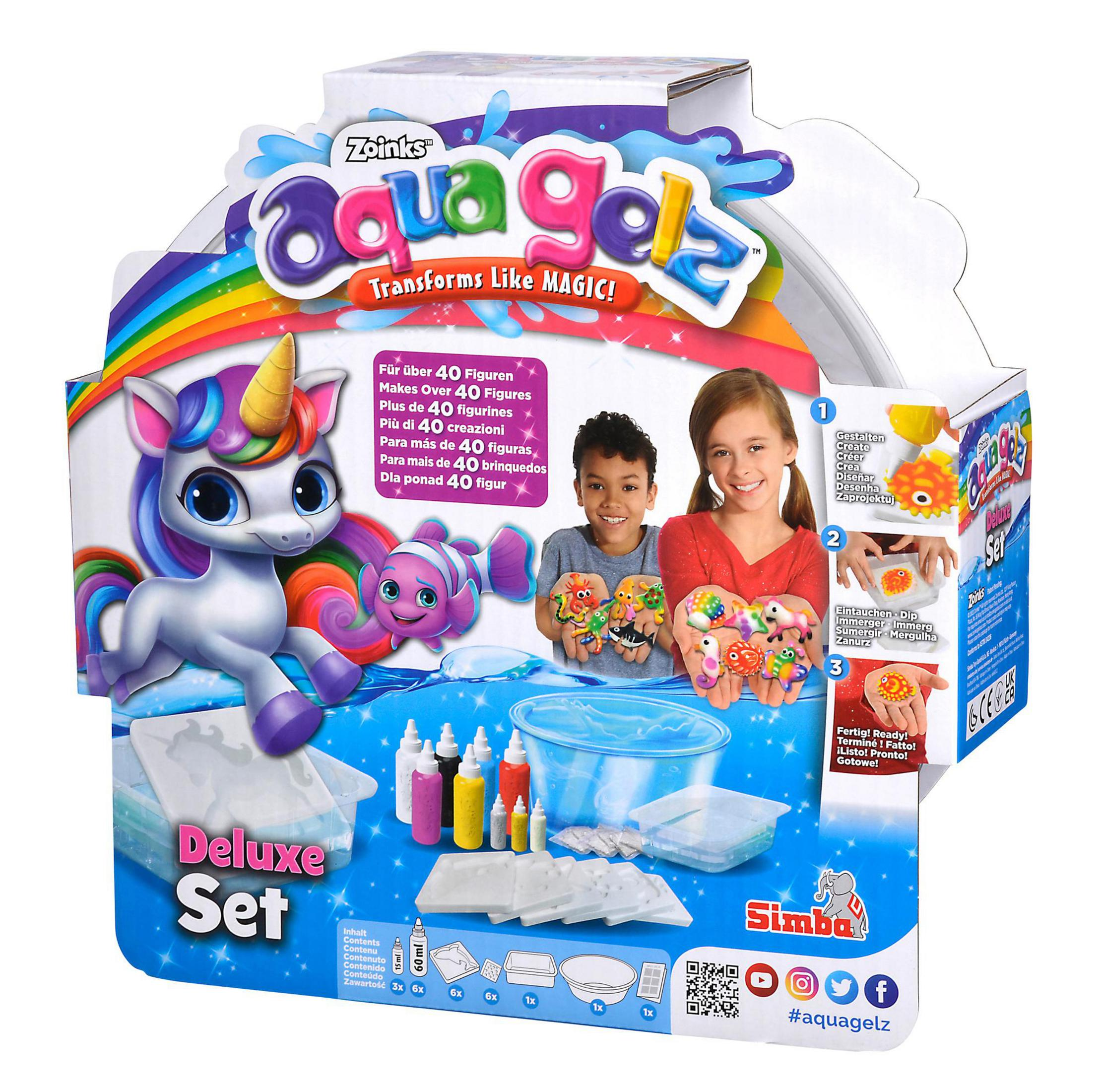 Aqua Gelz Deluxe Set mit Einhorn, Kindern, die Gelfiguren, Flaschen und Gel halten.