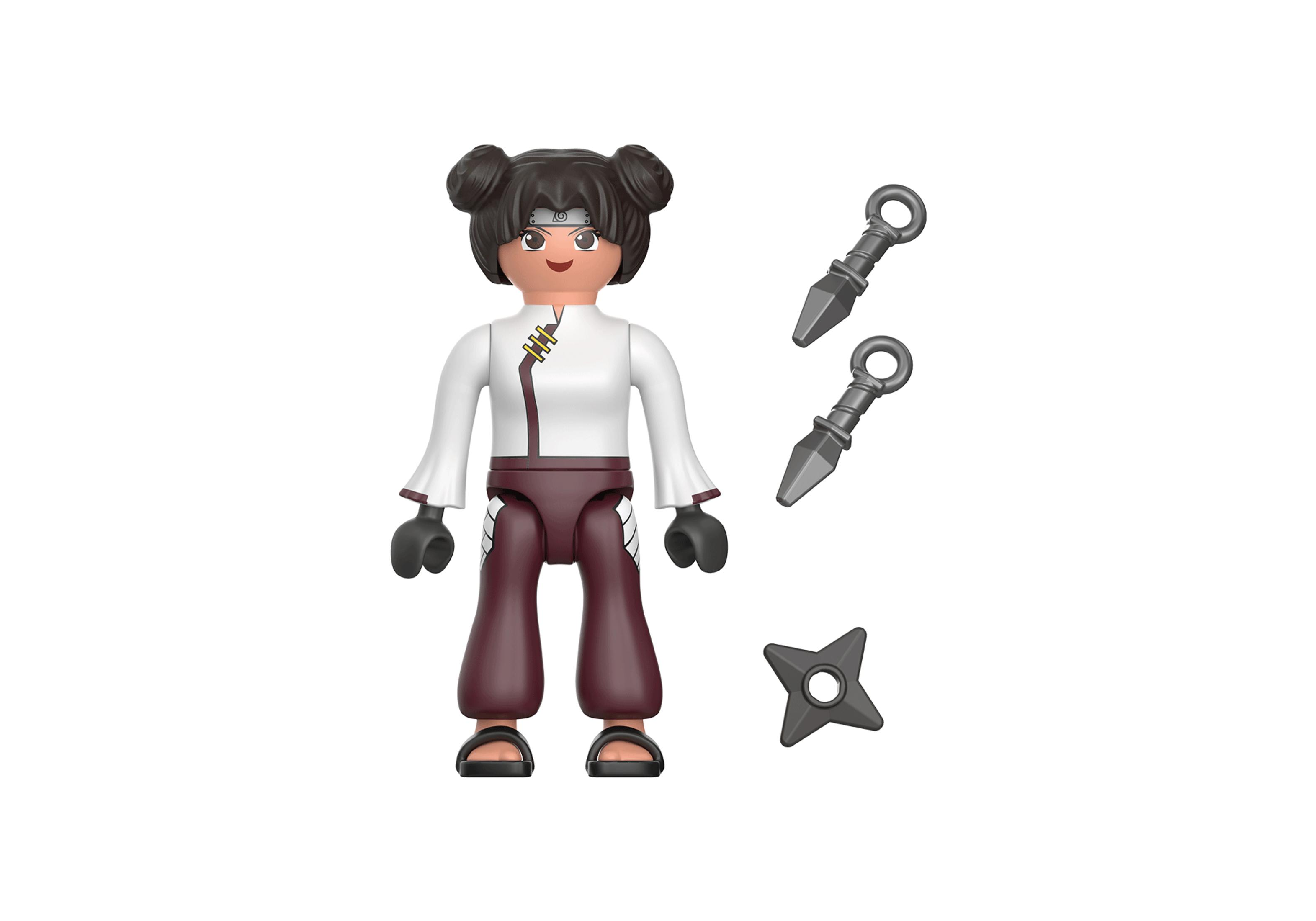 Playmobil-Figur von Tenten mit Waffen, die auf einer weißen Oberfläche steht.