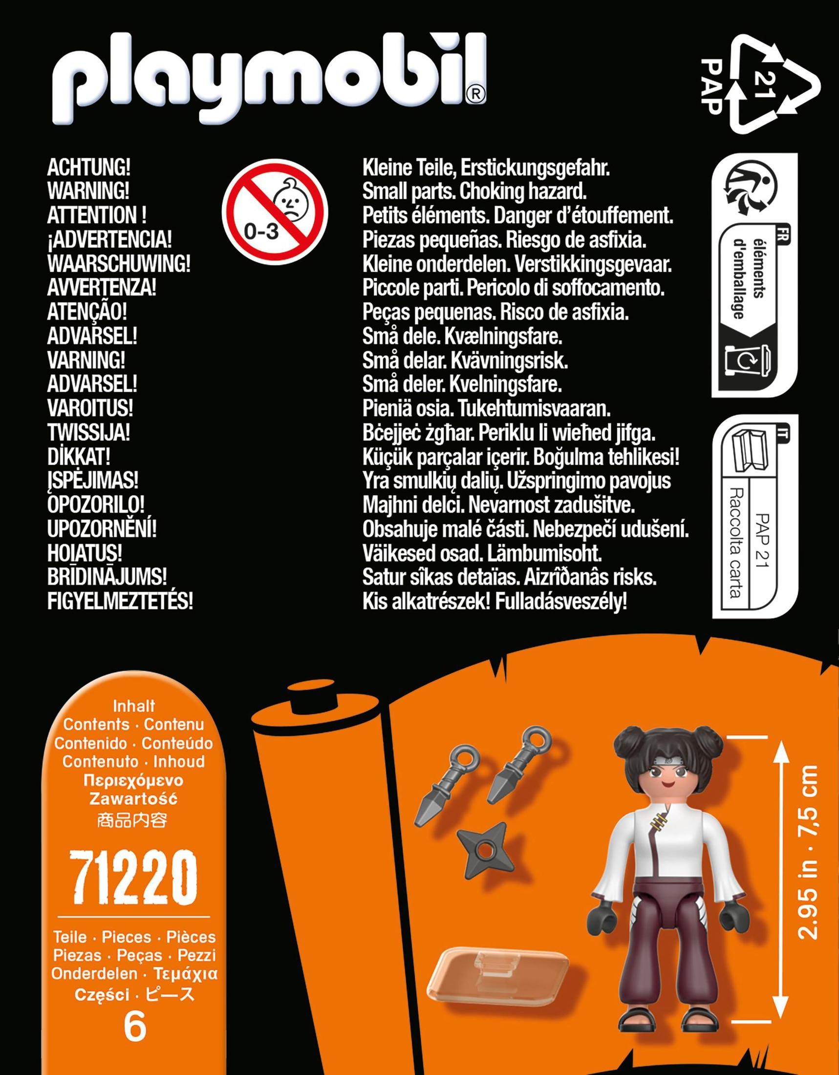 Ein Warnhinweis in mehreren Sprachen mit Kleinteilen und Erstickungsgefahr.