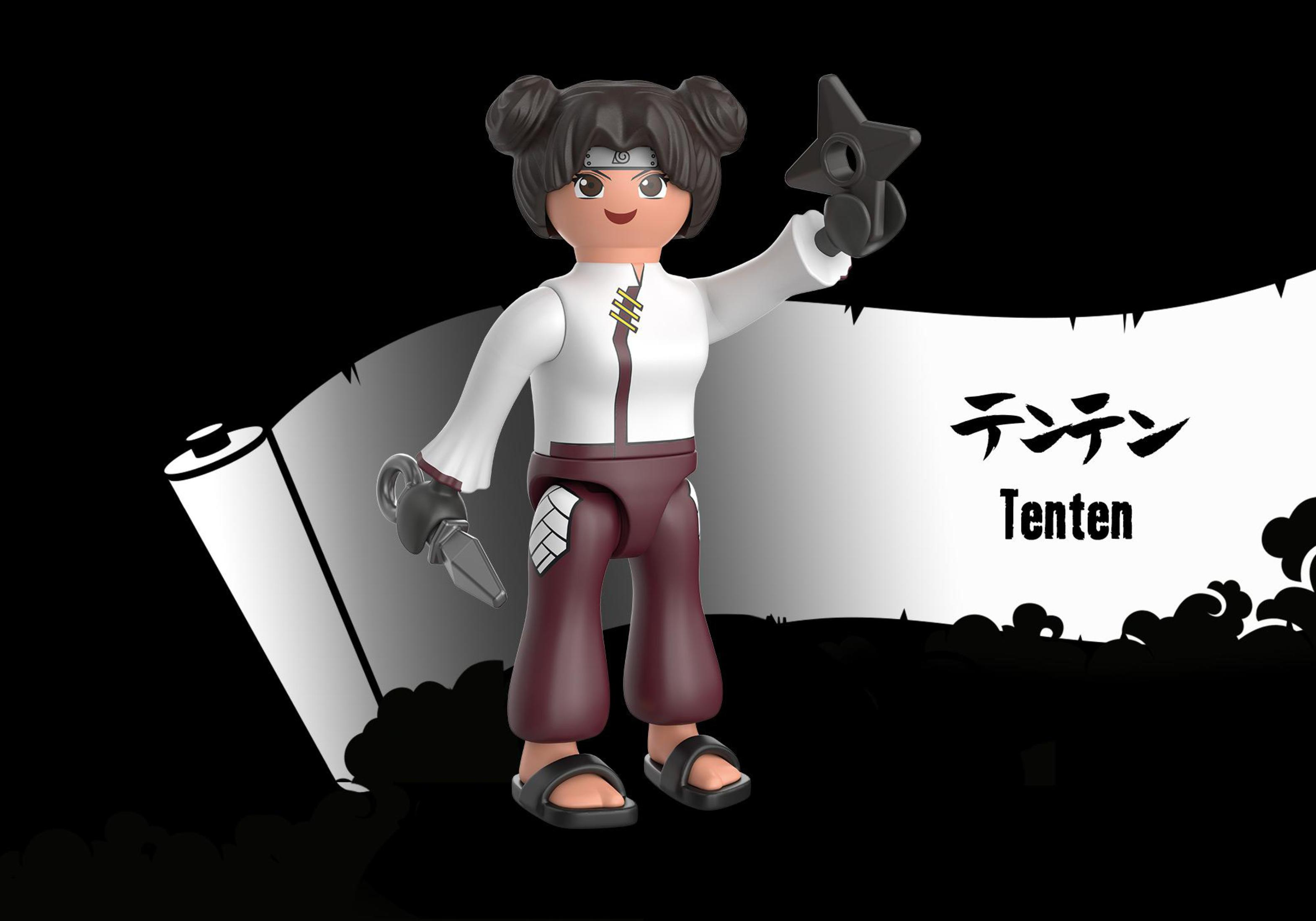 Eine Playmobil-Figur von Tenten aus Naruto. Sie hält Waffen, und der Hintergrund ist schwarz mit einer Schriftrolle.