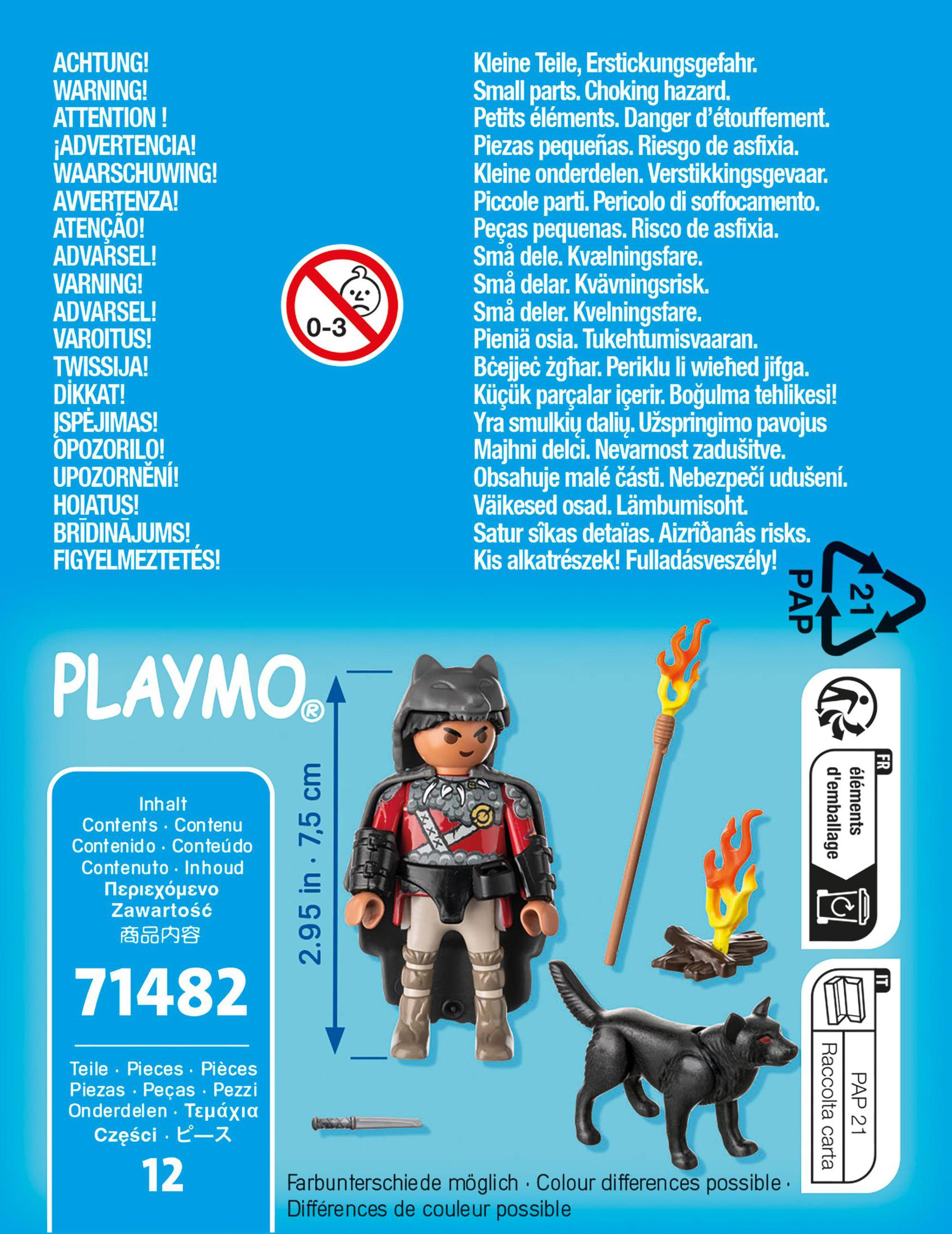Eine Playmobil-Set-Box, die eine Figur im Wolfskostüm, einen schwarzen Wolf und Flammen zeigt.