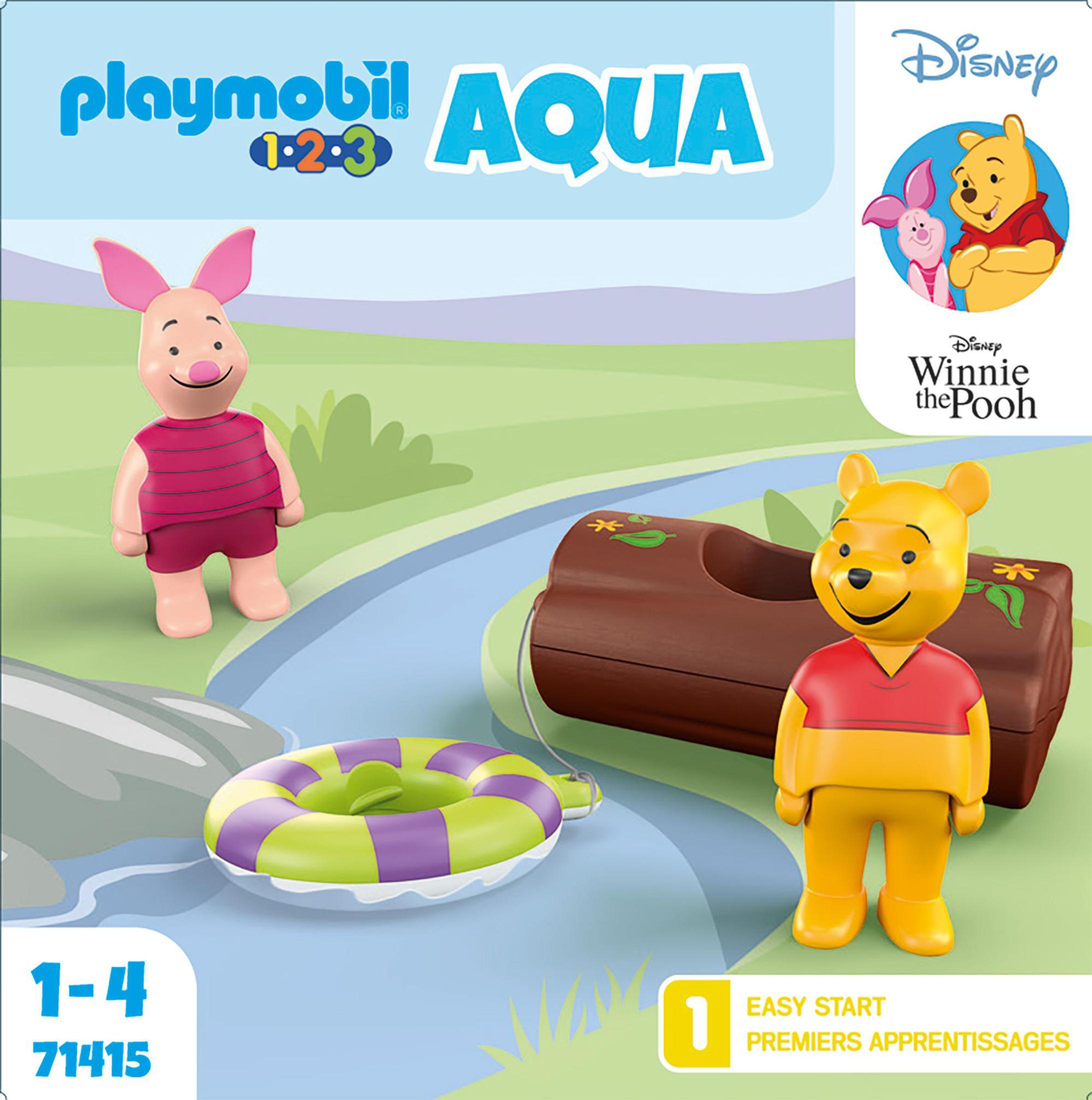 Set Playmobil de Winnie the Pooh. Incluye Piglet, Pooh, un tronco y un flotador, día soleado.
