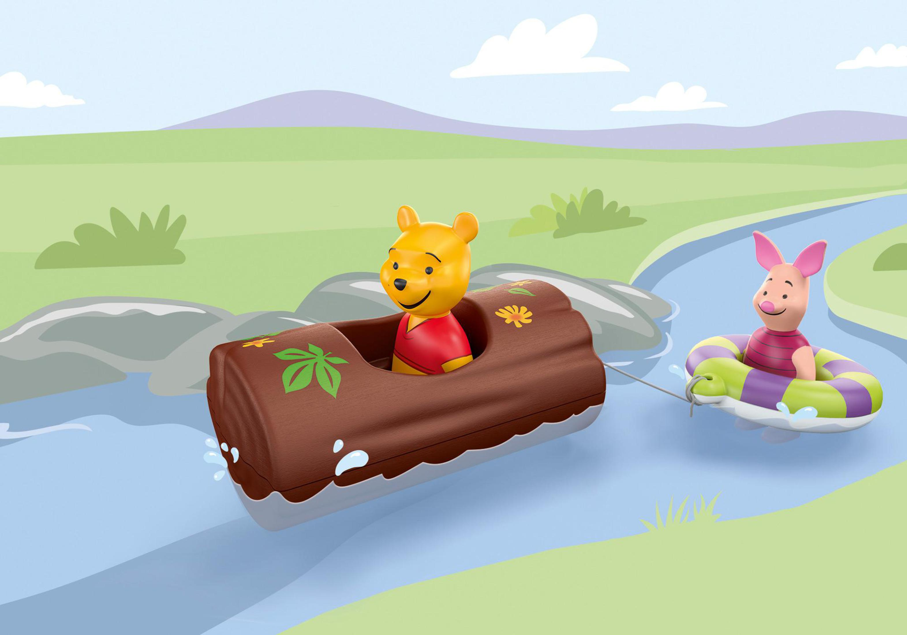 Winnie the Pooh y Piglet en un río en un tronco y un anillo inflable.