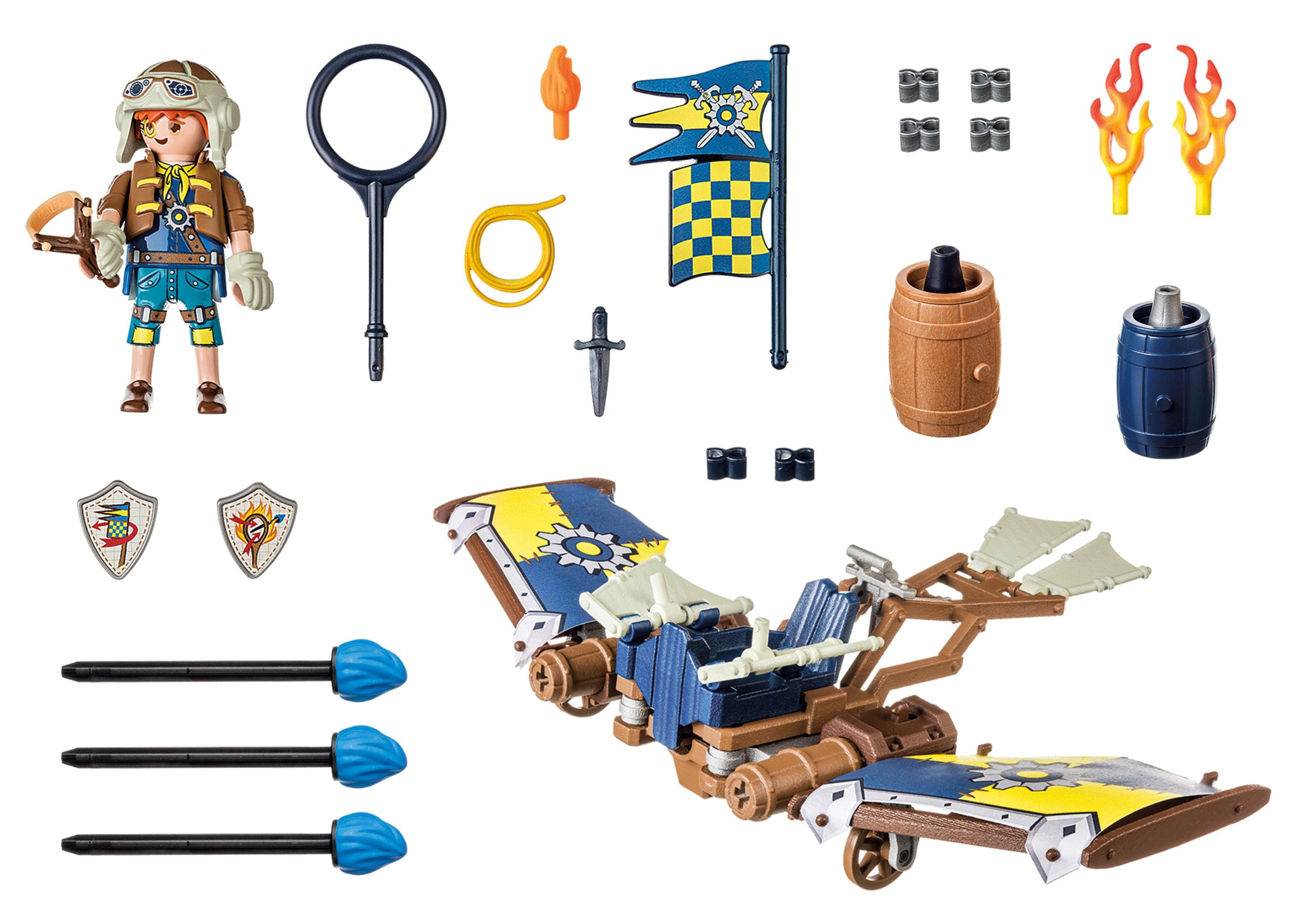 Spielzeugset mit Figur, Zubehör wie Pfeilen, Flagge und einem armbrustartigen Fahrzeug.