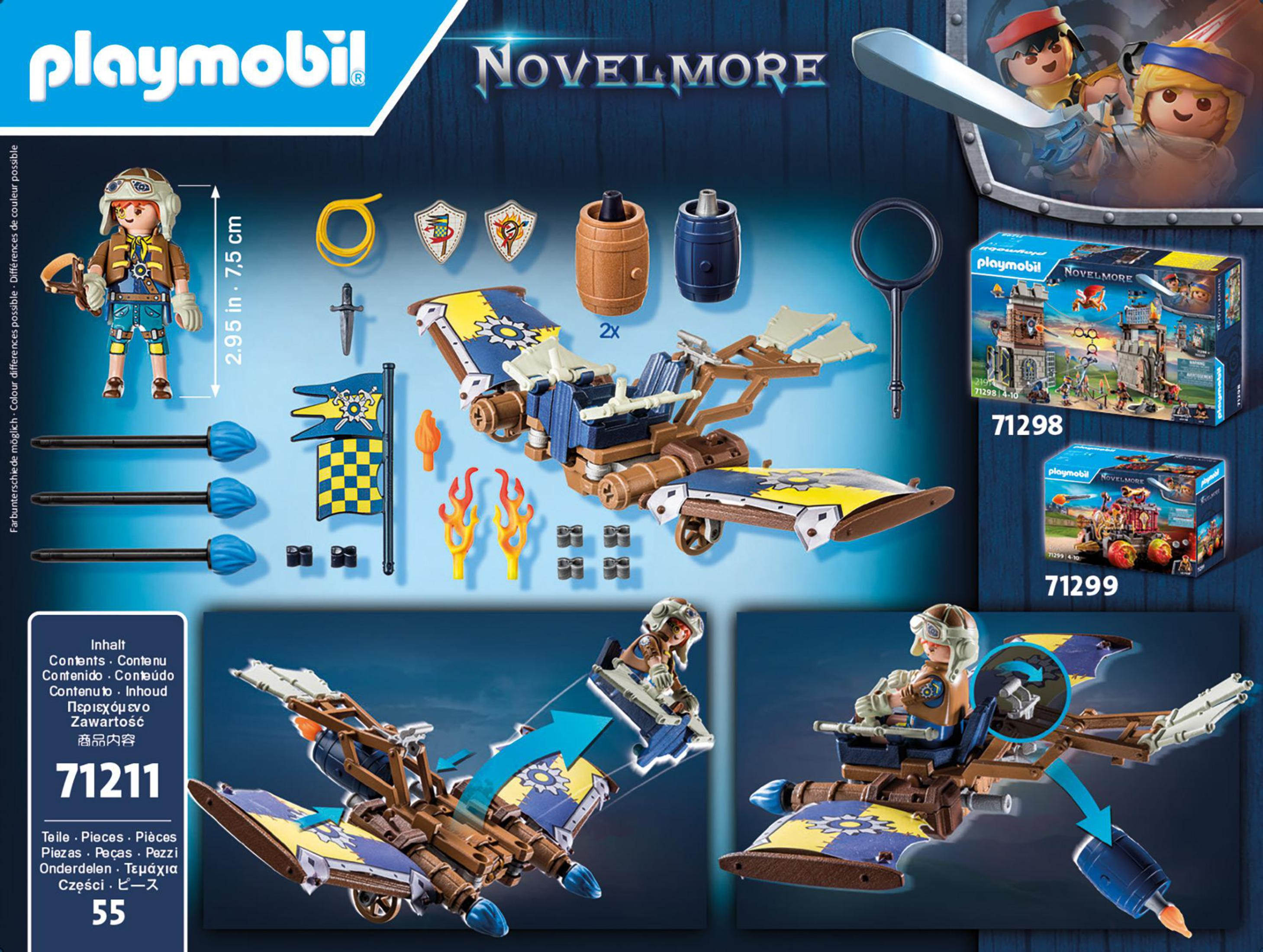 Playmobil-Box mit einem Spielzeug. Figuren, eine Flugmaschine und weiteres Zubehör sind enthalten.