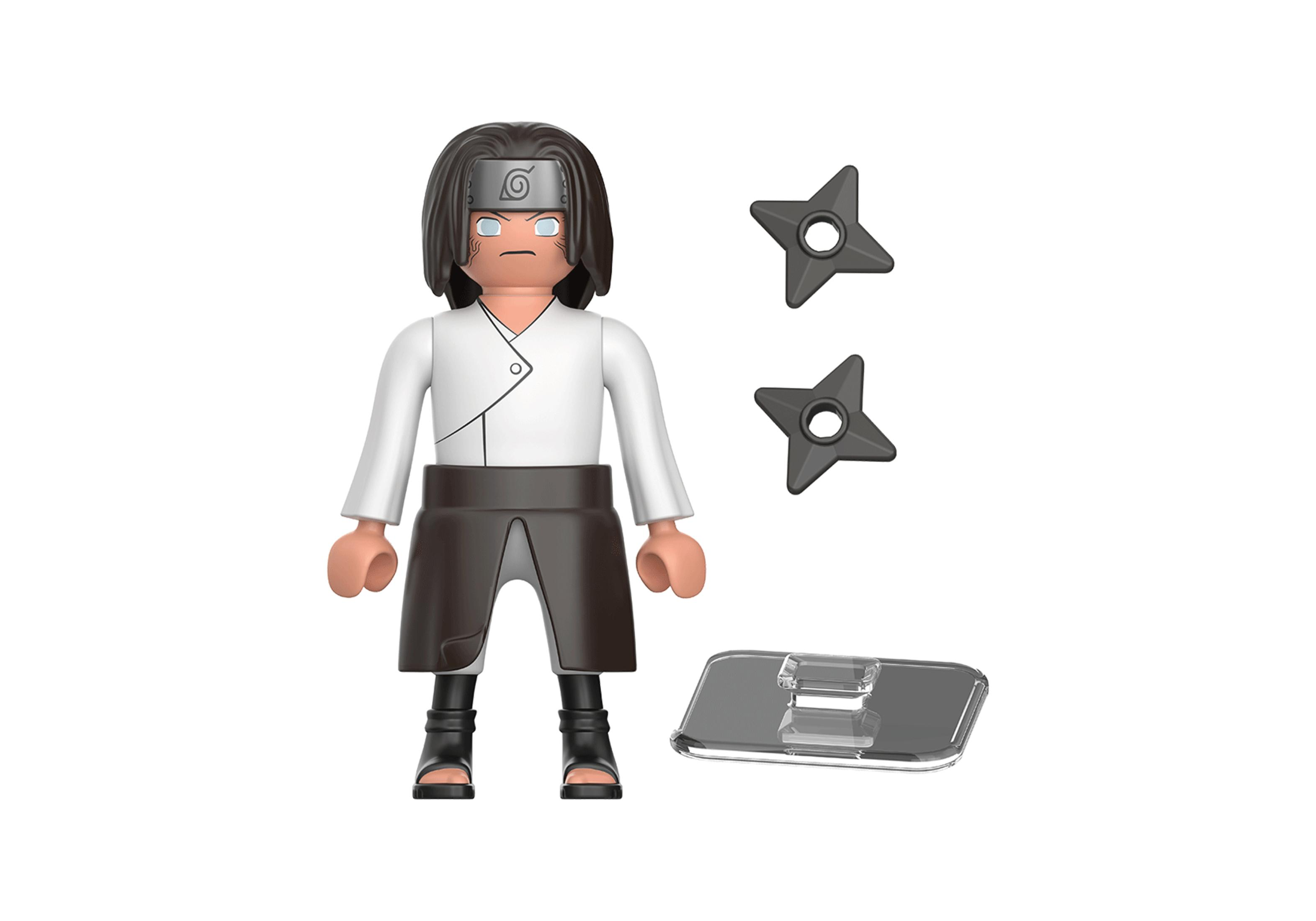 Naruto-Actionfigur. Weißes Outfit, dunkle Hose, Stirnband und Wurfsterne. Weißer Hintergrund.