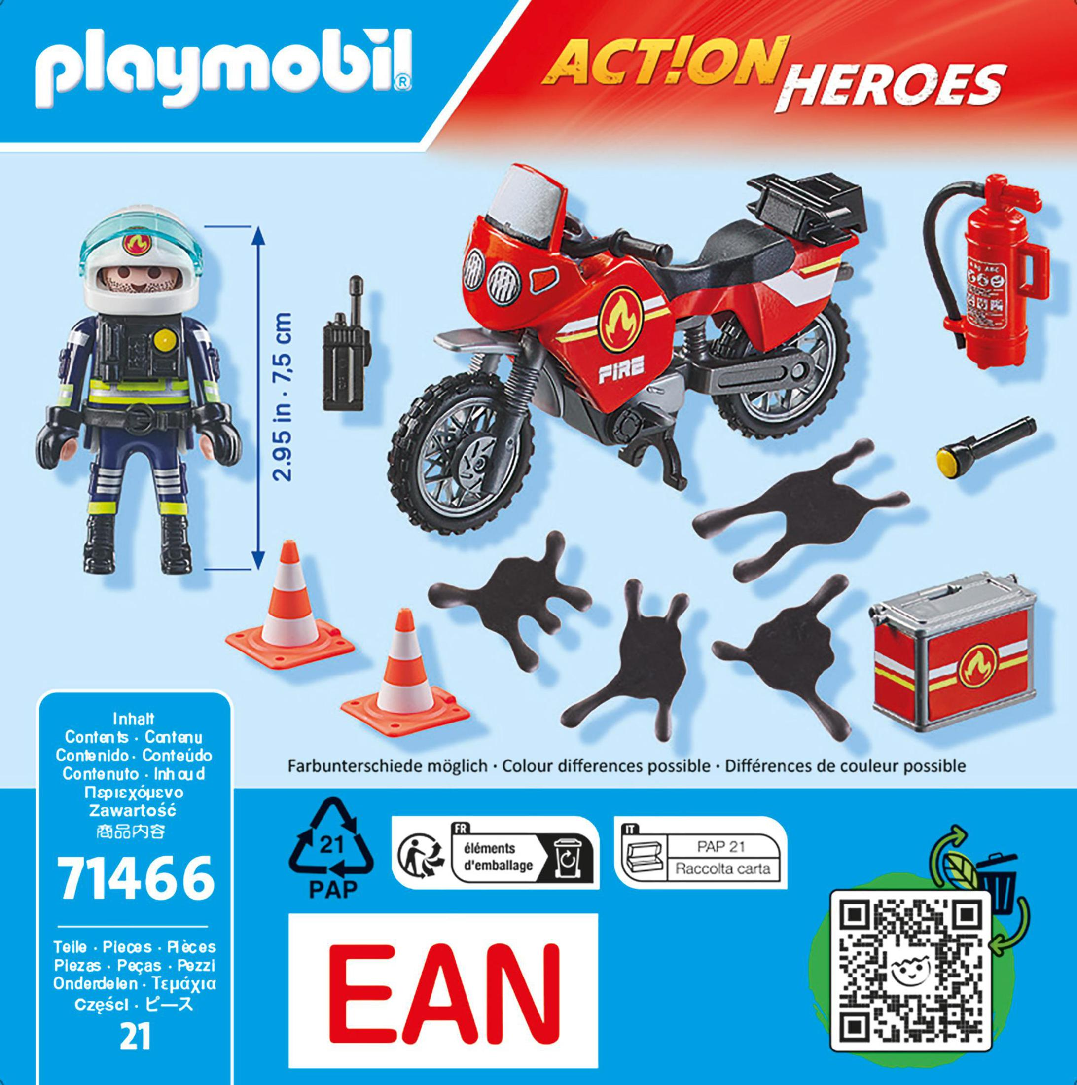 Zestaw Playmobil Action Heroes ze strażakiem, czerwonym motocyklem i akcesoriami, takimi jak gaśnica.