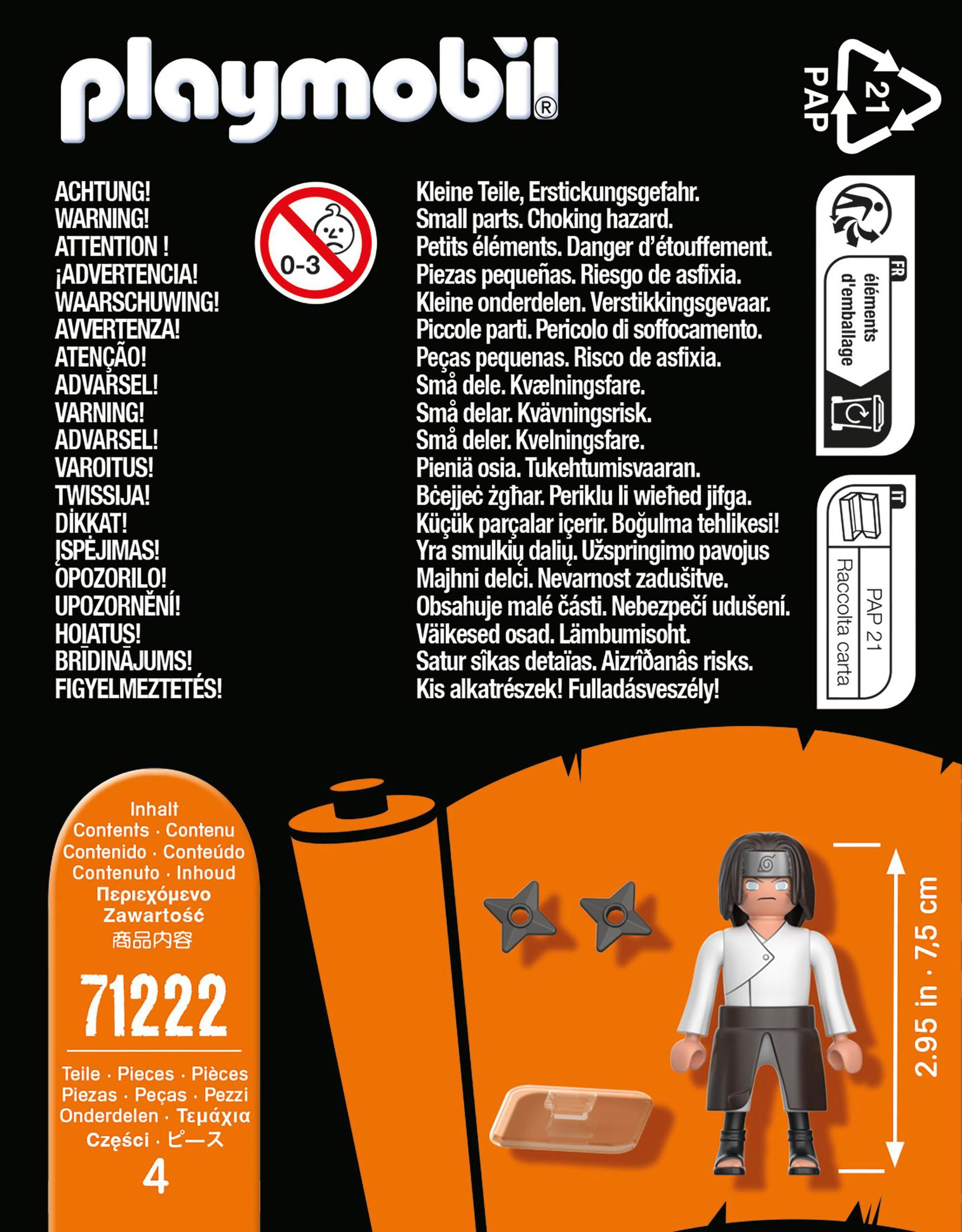 Rückseite einer Playmobil-Verpackung mit Warnhinweisen, einer Figur, einem Koffer und Shurikens auf weißem Grund.