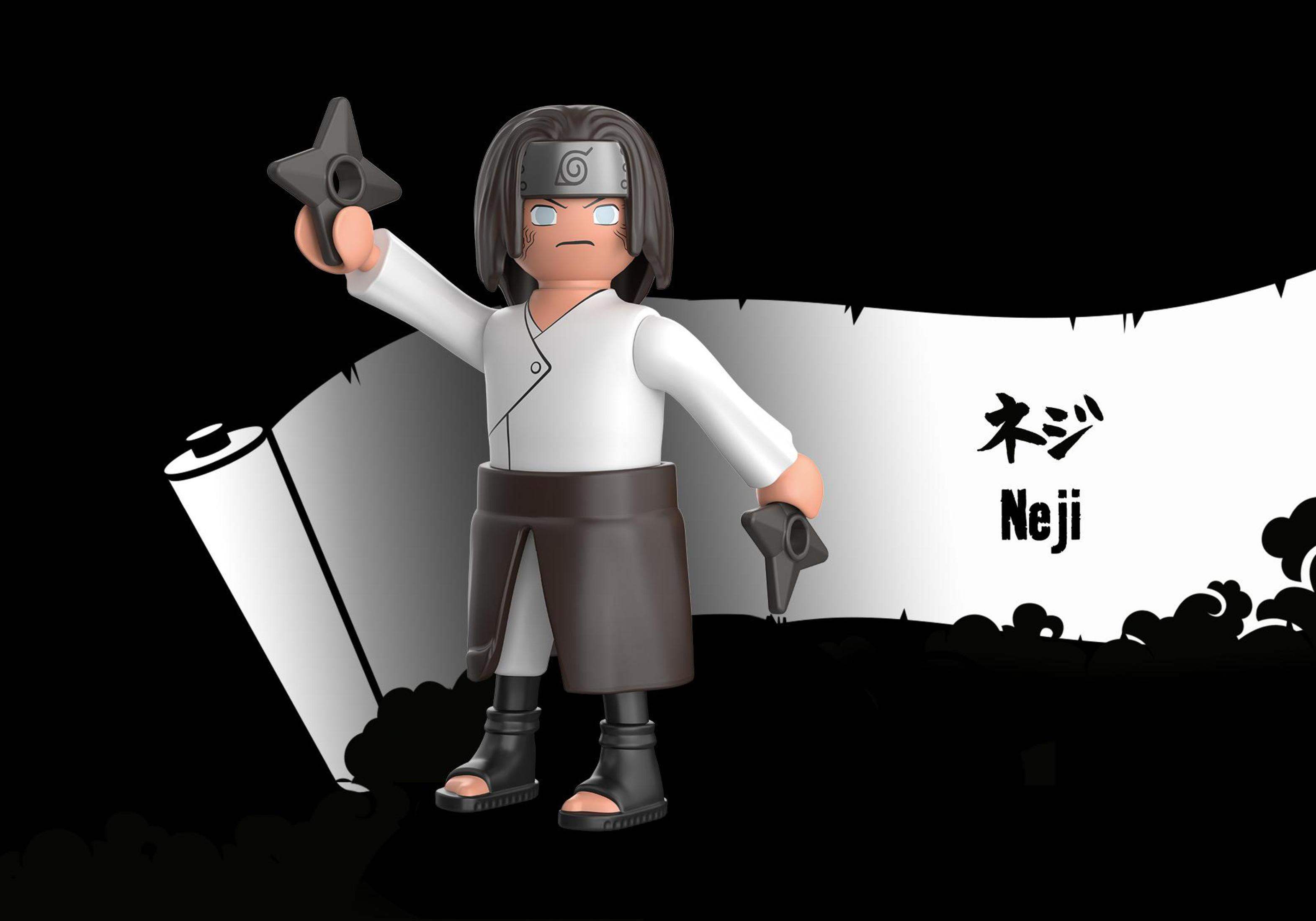 Neji-Figur mit Ninja-Sternen, mit Schriftrolle und japanischem Text, vor schwarzem Hintergrund.