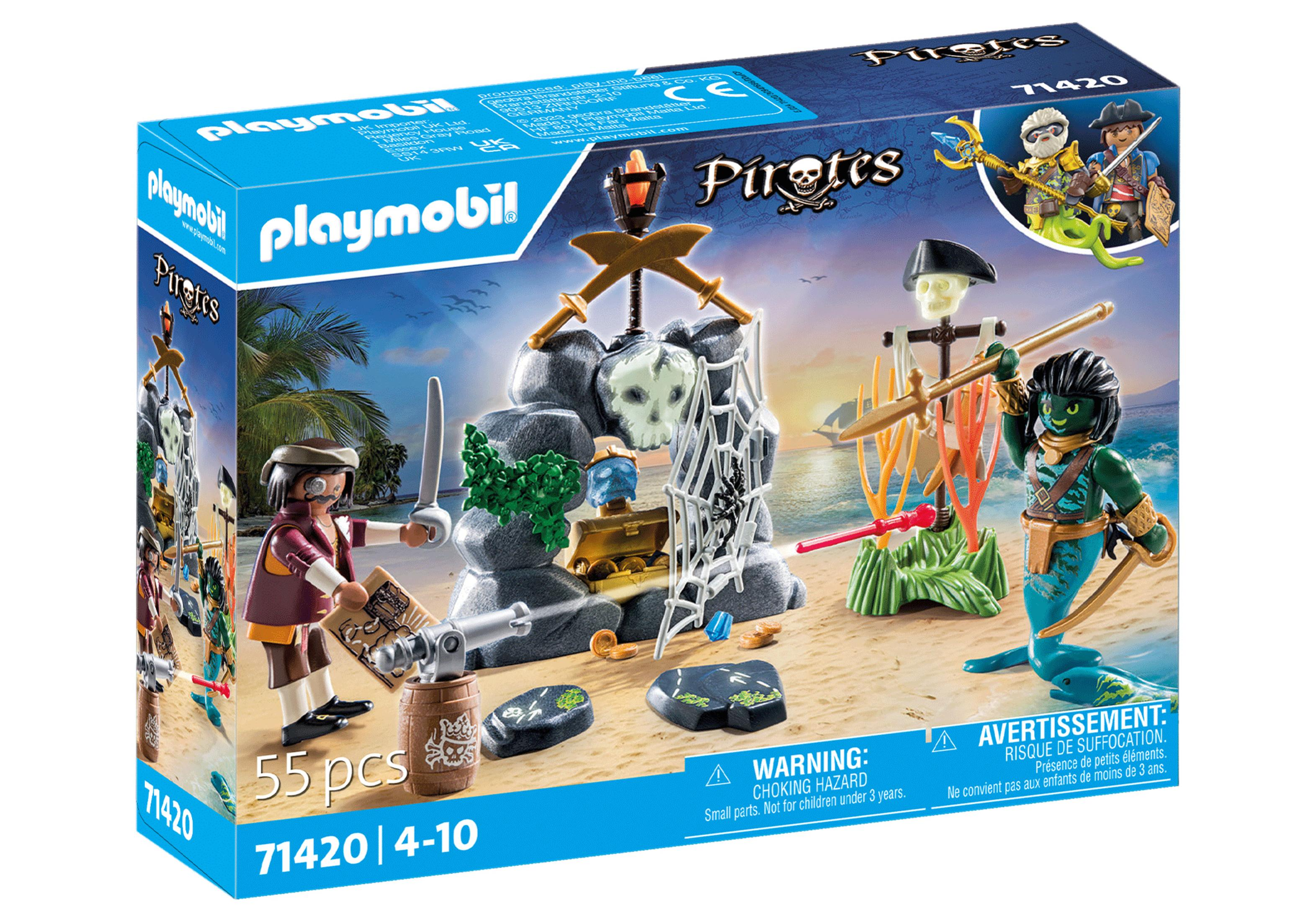 Un set di pirati Playmobil. Include personaggi, un forziere e accessori a tema pirata.