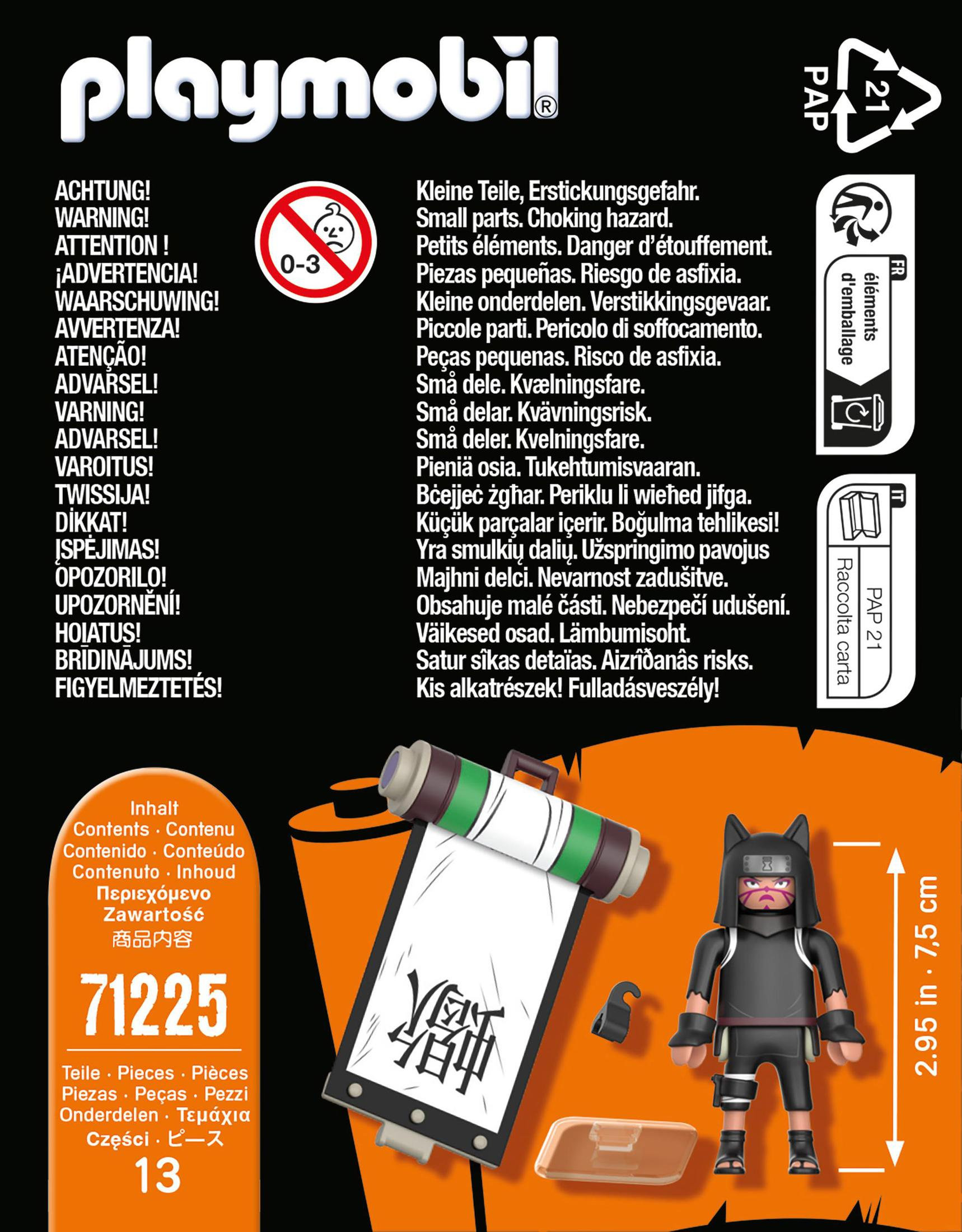 Playmobil-Box mit Figur und Zubehör. Text in mehreren Sprachen vorhanden. Achtung: Erstickungsgefahr.