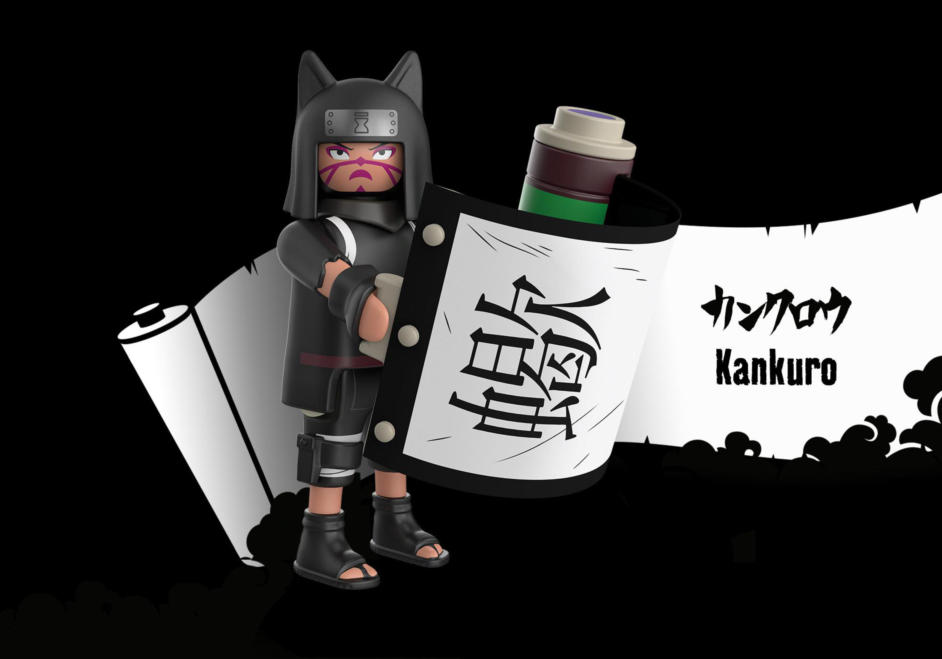 Eine 3D-Illustration einer Kankuro-Figur aus Naruto. Er trägt schwarze Kleidung und hält eine Schriftrolle.
