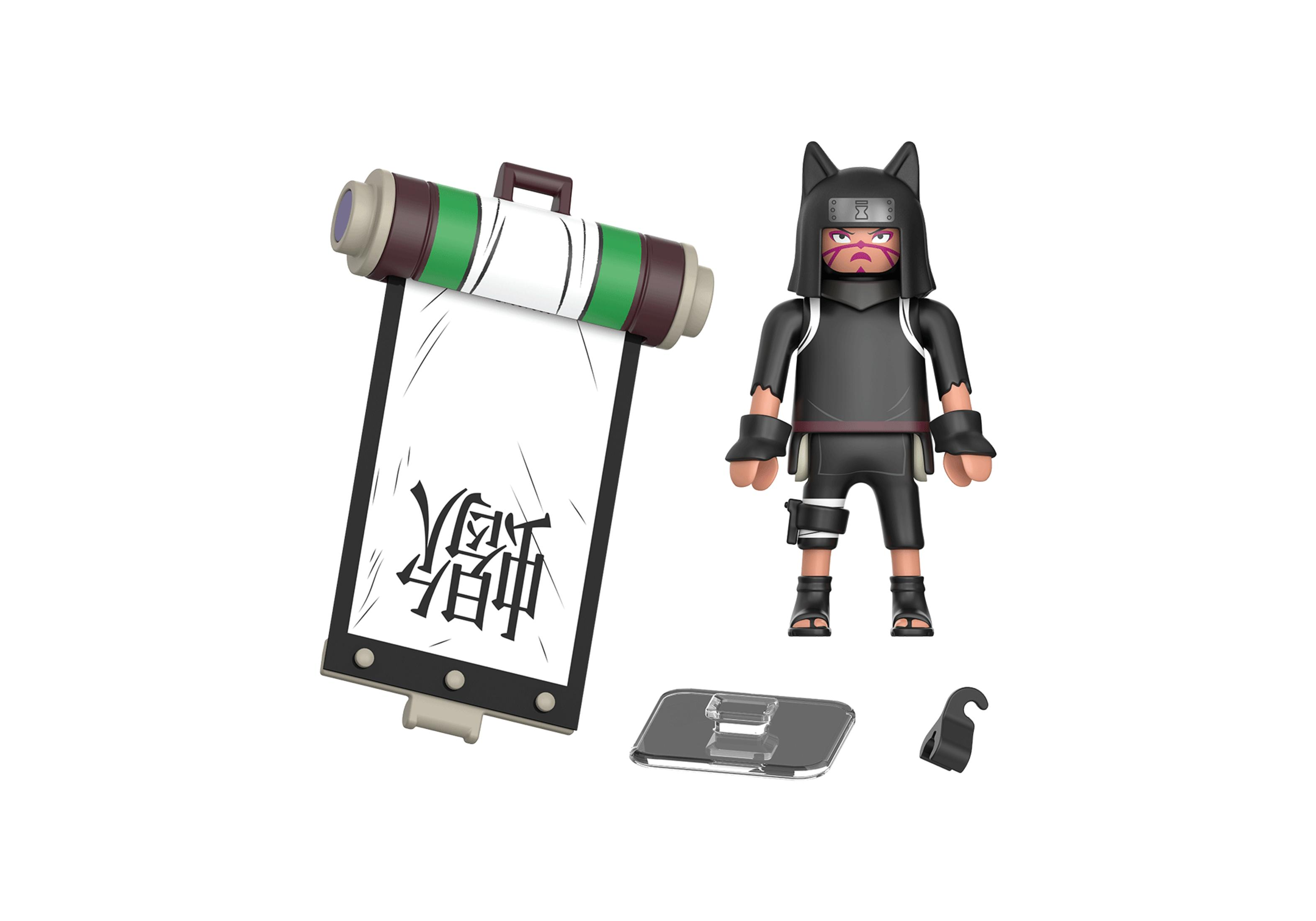 Naruto-Actionfigur und Schriftrolle. Die Figur ist schwarz, trägt ein Stirnband. Die Schriftrolle ist grün und weiß.