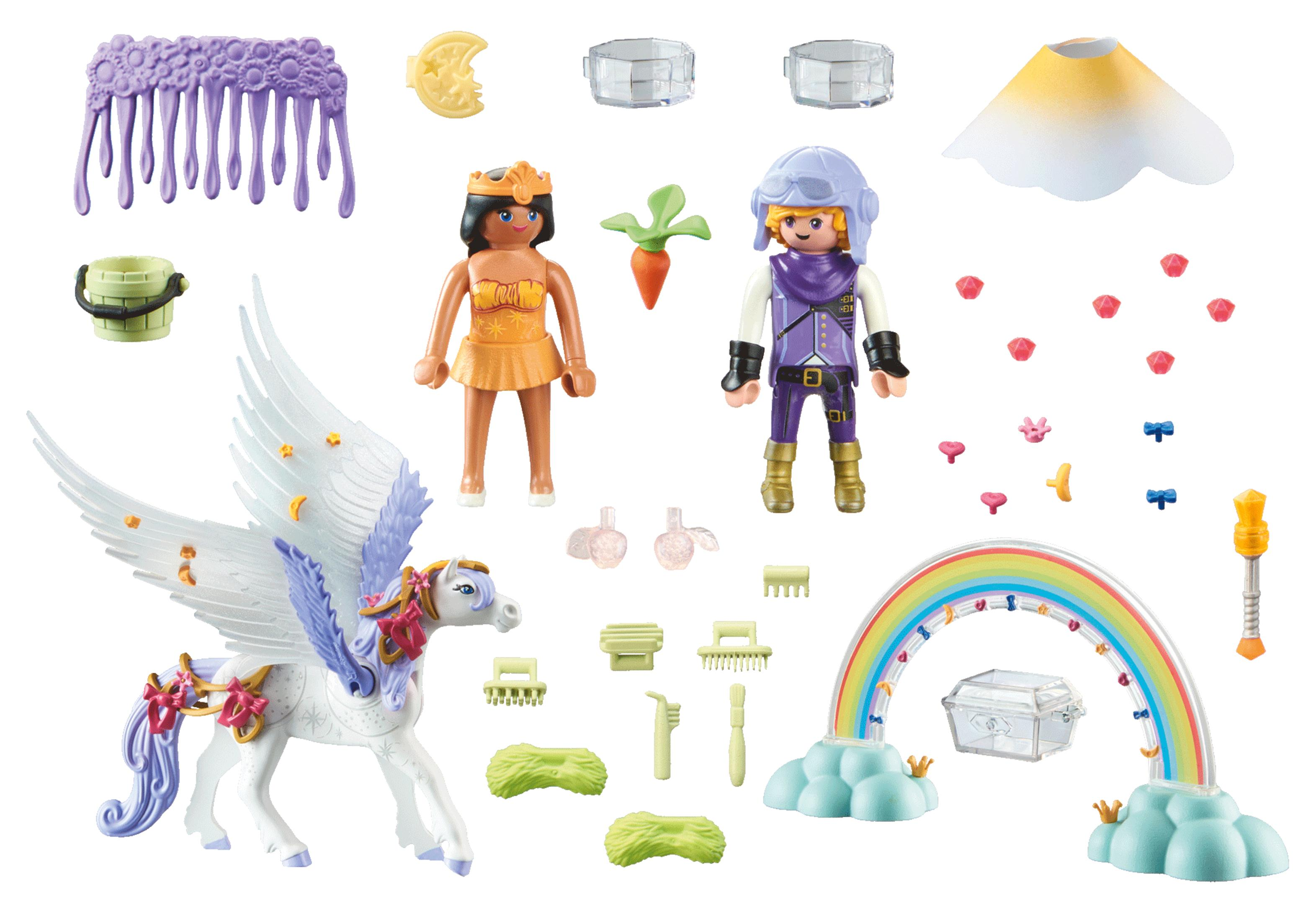 Un set Playmobil con personaggi e accessori. Include un unicorno, un arcobaleno e nuvole.