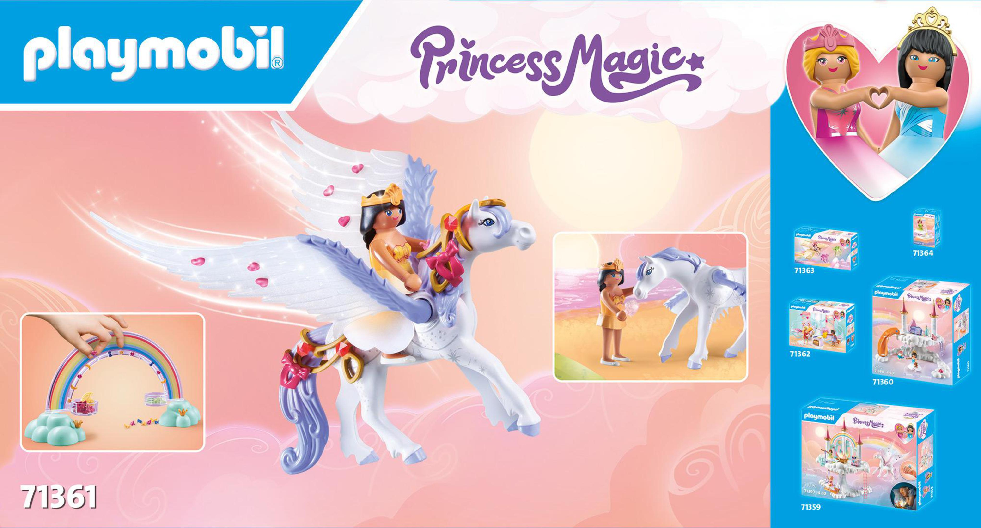 Set Playmobil Princess Magic con una principessa che cavalca un cavallo alato e altre figure correlate.