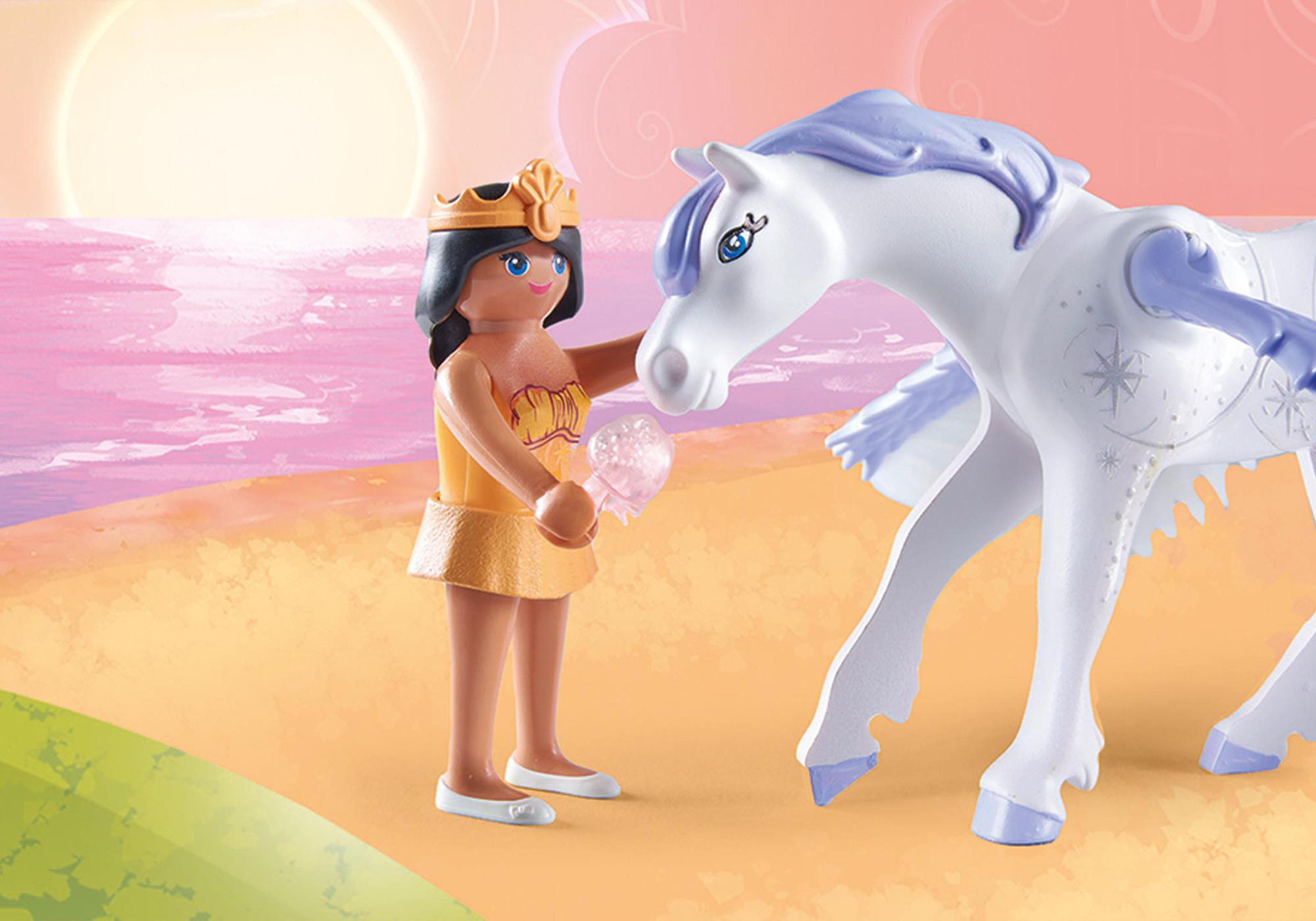 Personaggio giocattolo di una principessa con un pegaso. La scena è ambientata su una spiaggia.