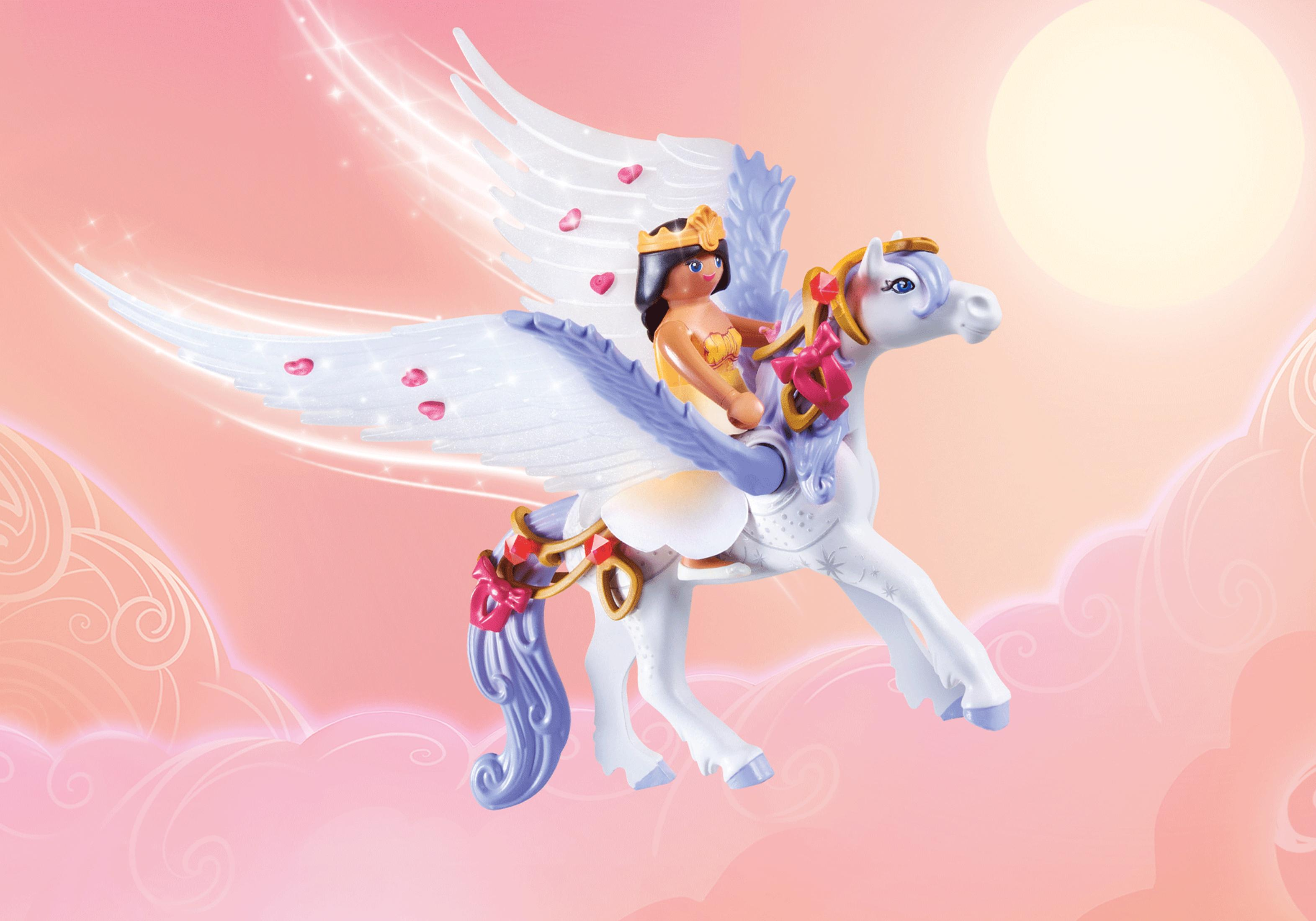 Una figura Playmobil che cavalca un pegaso bianco con una principessa.
