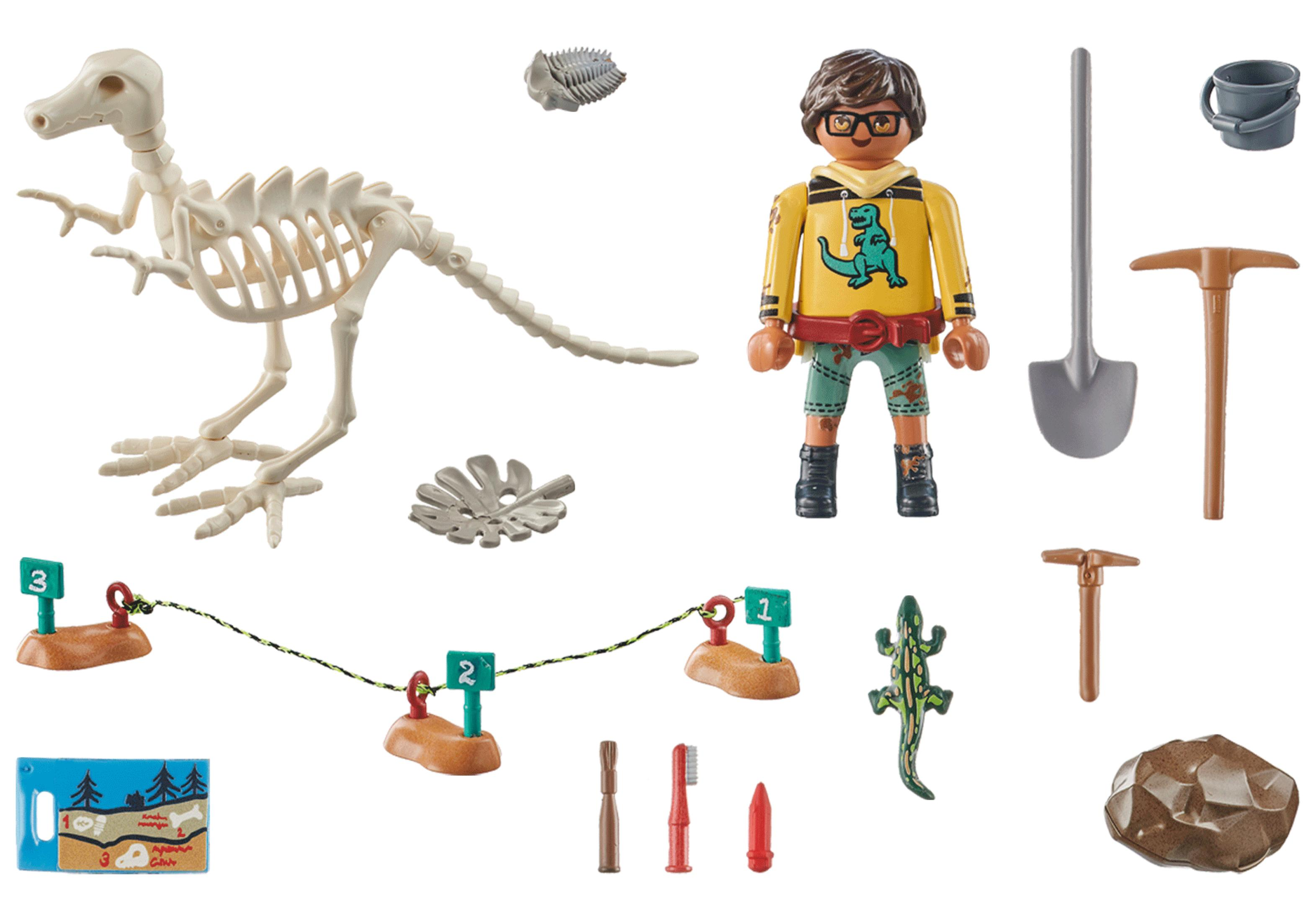 Dinosaurierskelett-Spielzeug, Archäologenfigur und Werkzeuge.