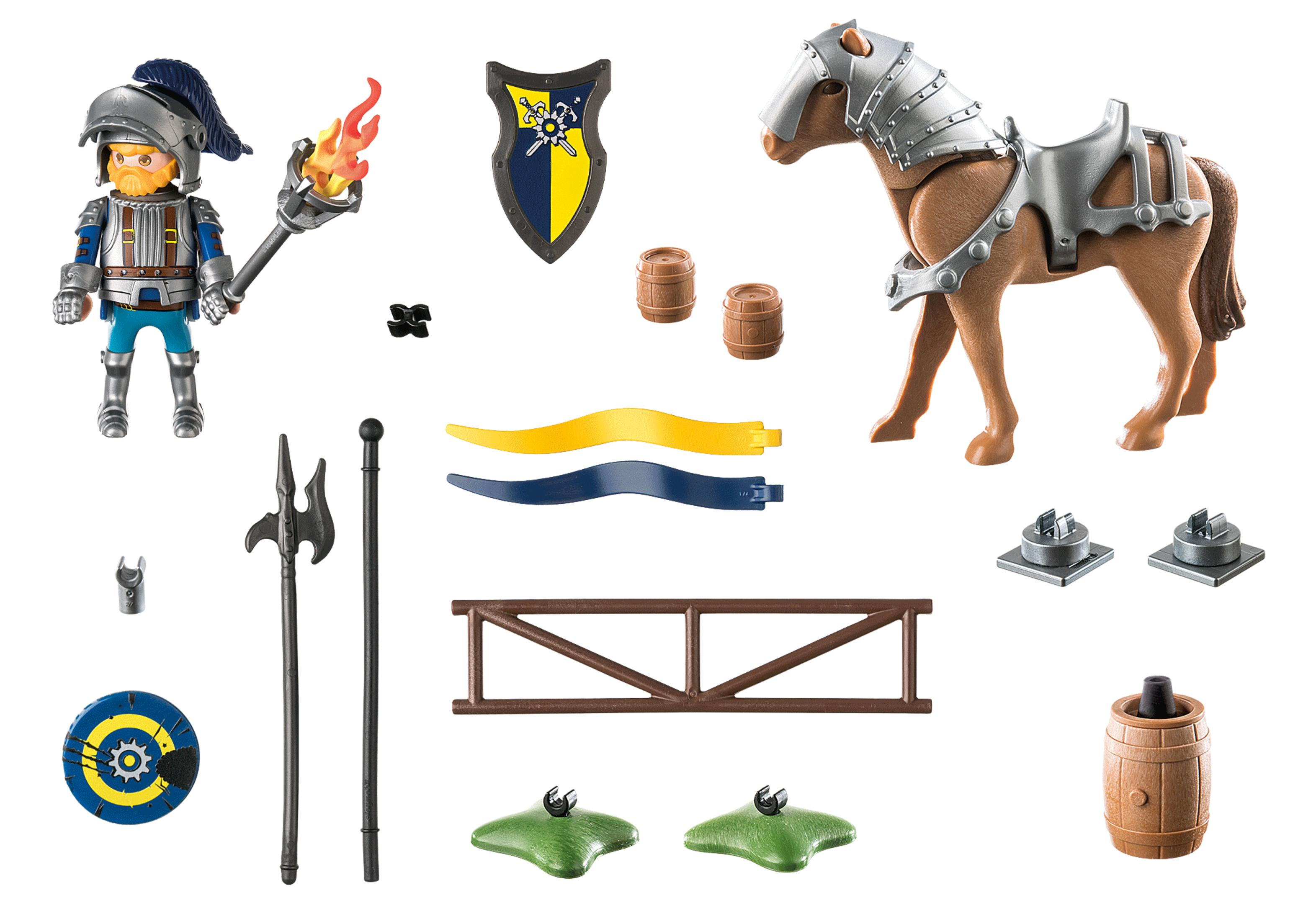 Juego de juguetes de caballero con caballo, escudo, armas y accesorios. El caballero tiene armadura.