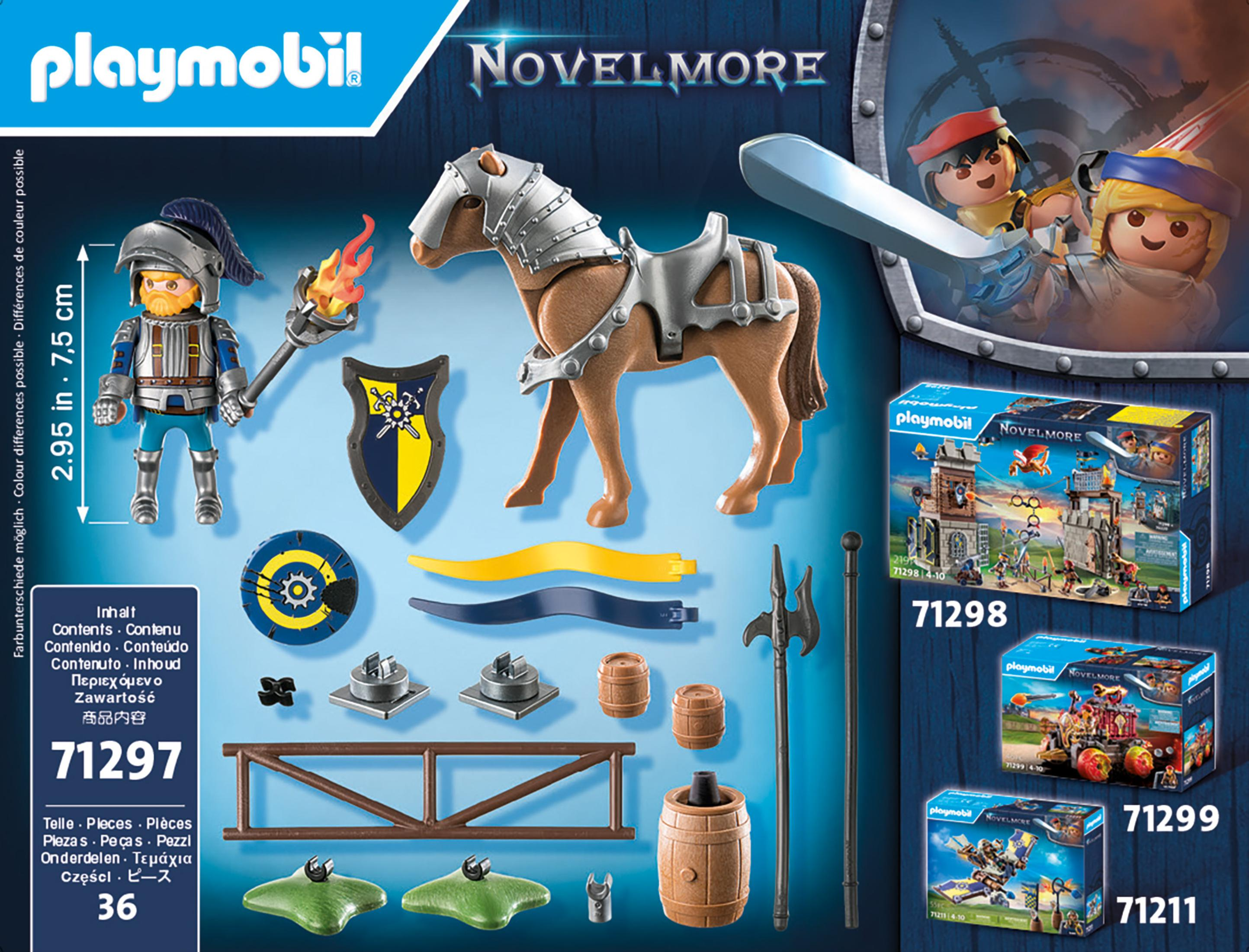 Un set Playmobil Novelmore con un caballero, caballo, accesorios y otros elementos de juguete.