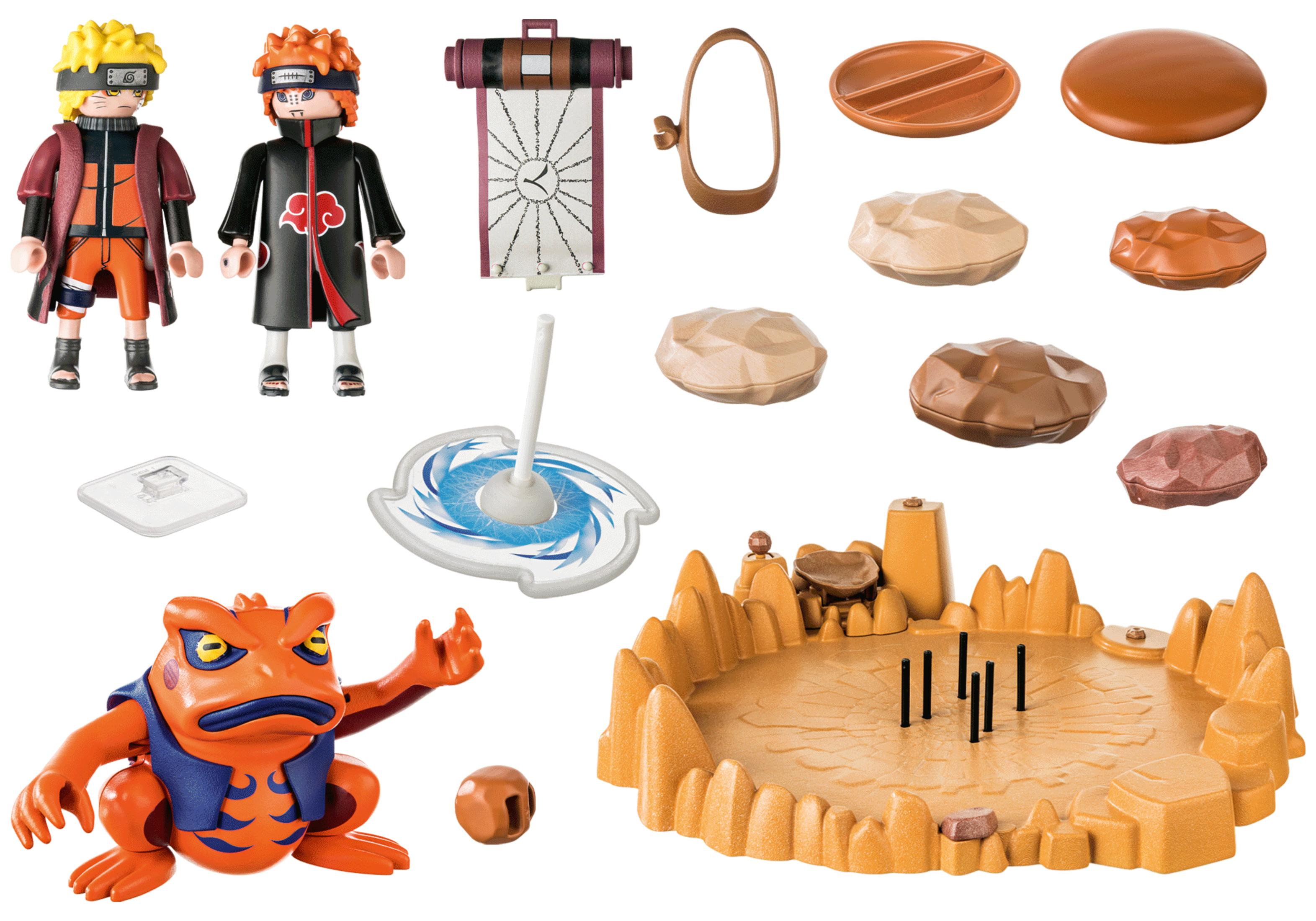 Naruto- und Pain-Playmobil-Figuren mit Zubehör und einer Kampfszene. Weißer Hintergrund.