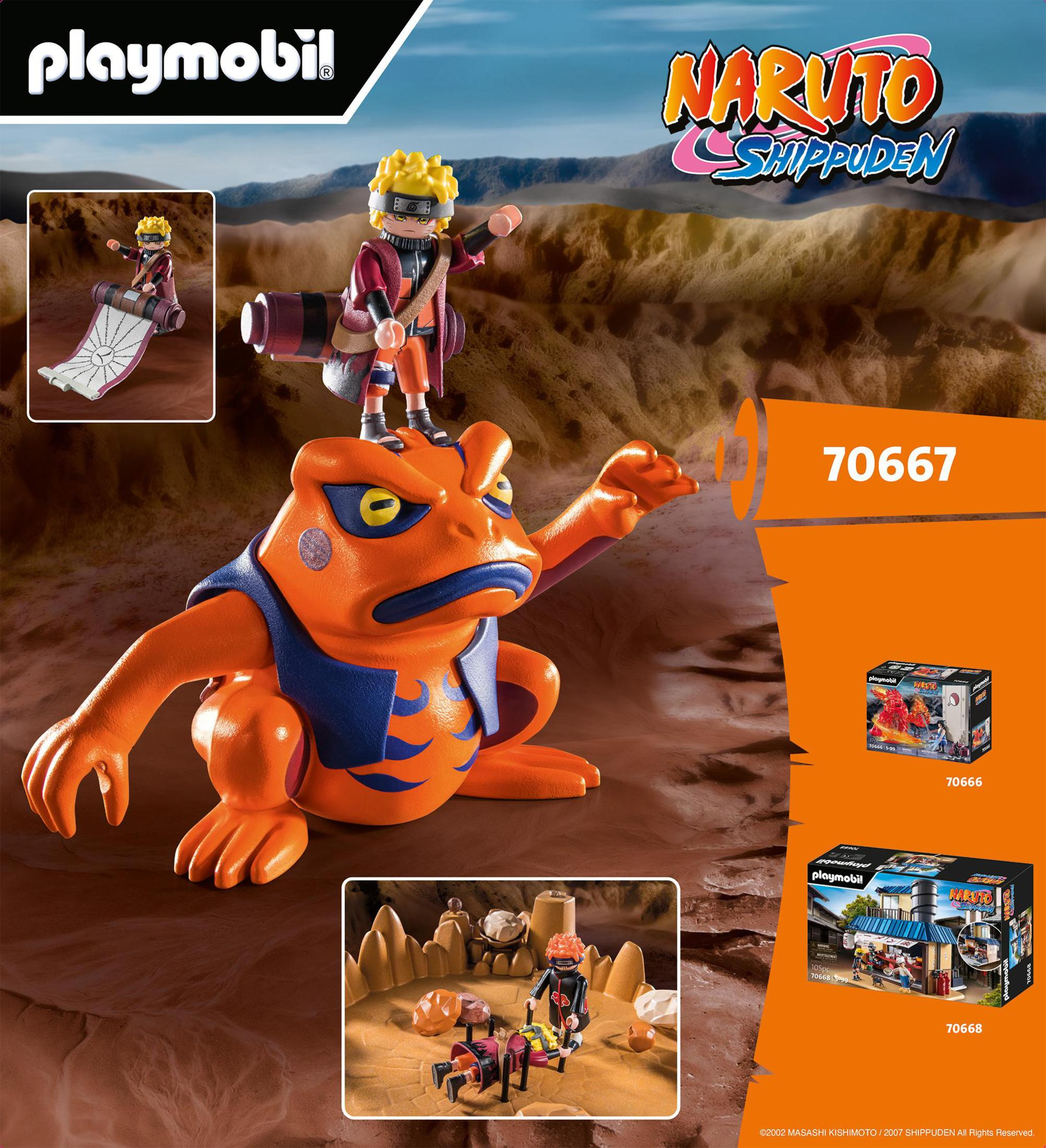 Playmobil Naruto-Set: Frosch, Figuren und Boxen. Szene mit Naruto auf Frosch.
