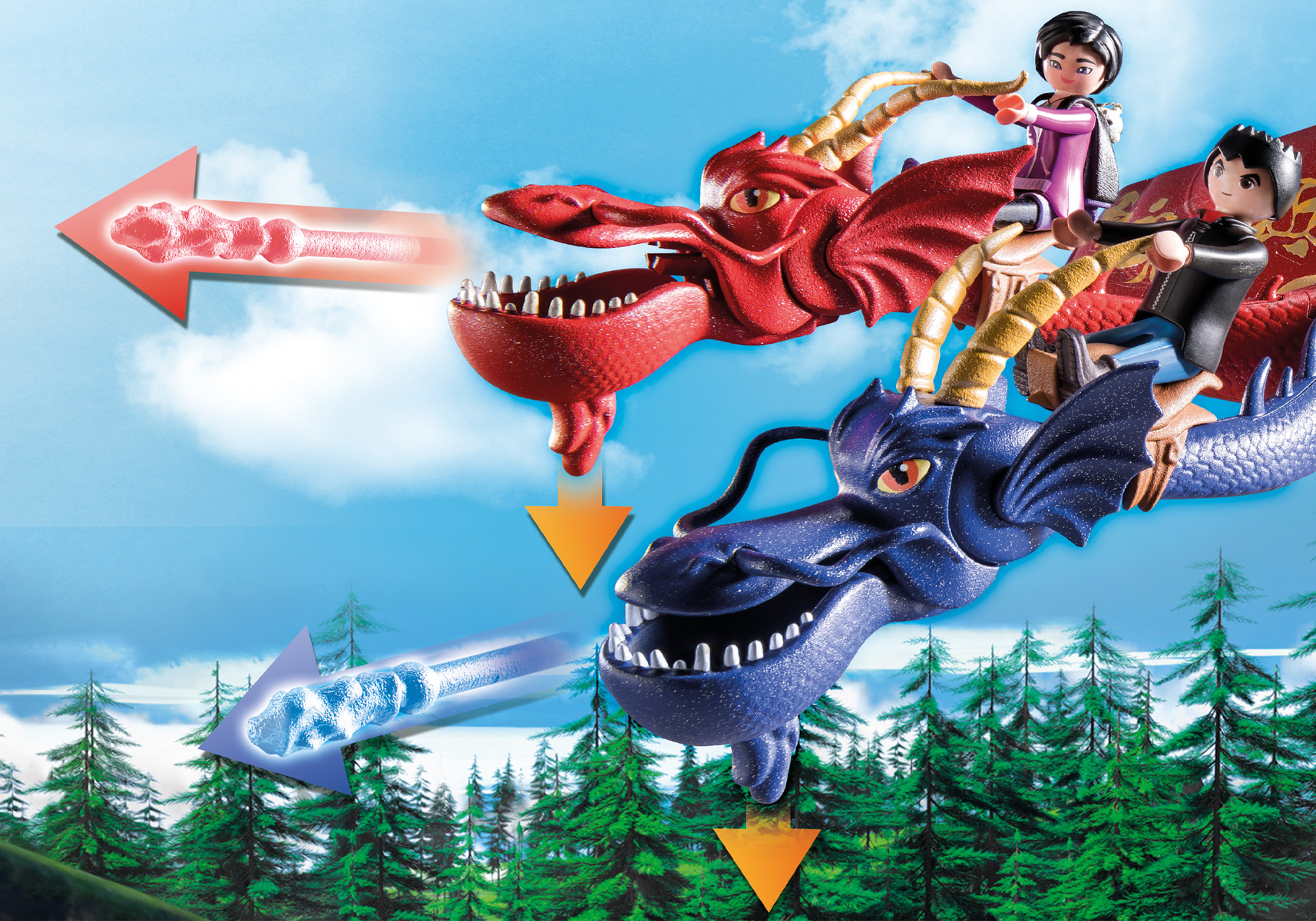 Due personaggi Playmobil in sella a draghi rossi e blu. I draghi emettono fiamme e ghiaccio verso le frecce.