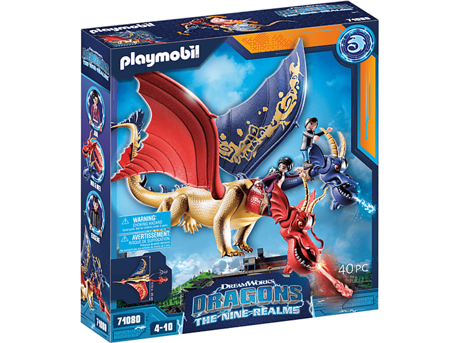 Set di giocattoli Playmobil Dragons: un drago con ali rosse, un cavaliere, draghi blu e gialli e una scatola.