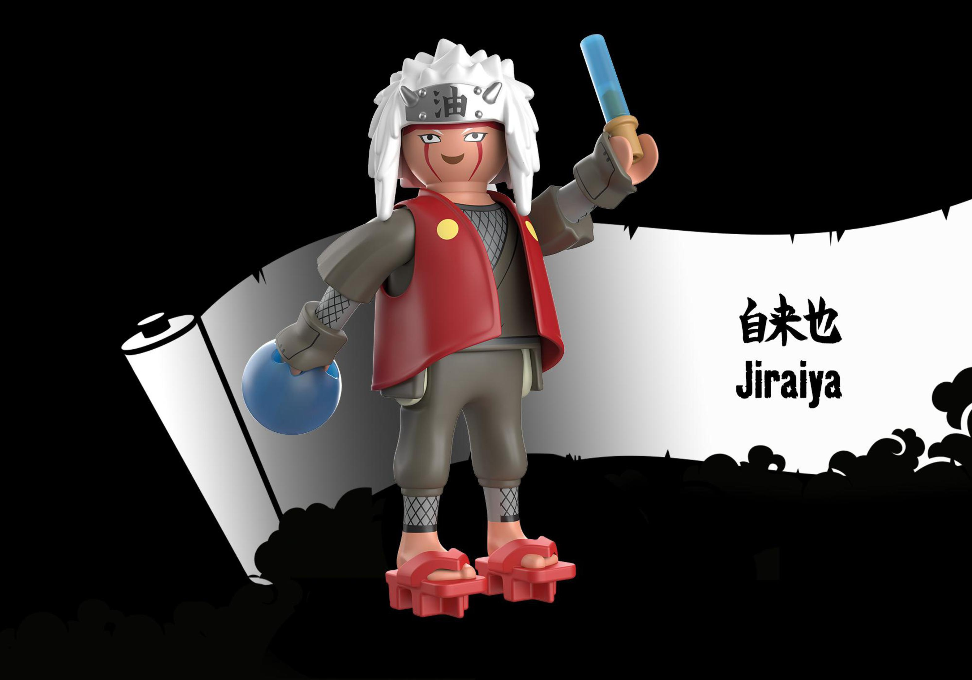 Naruto Jiraiya Figur mit weißen Haaren, roter Jacke und blauem Orb, vor schwarzem Hintergrund.