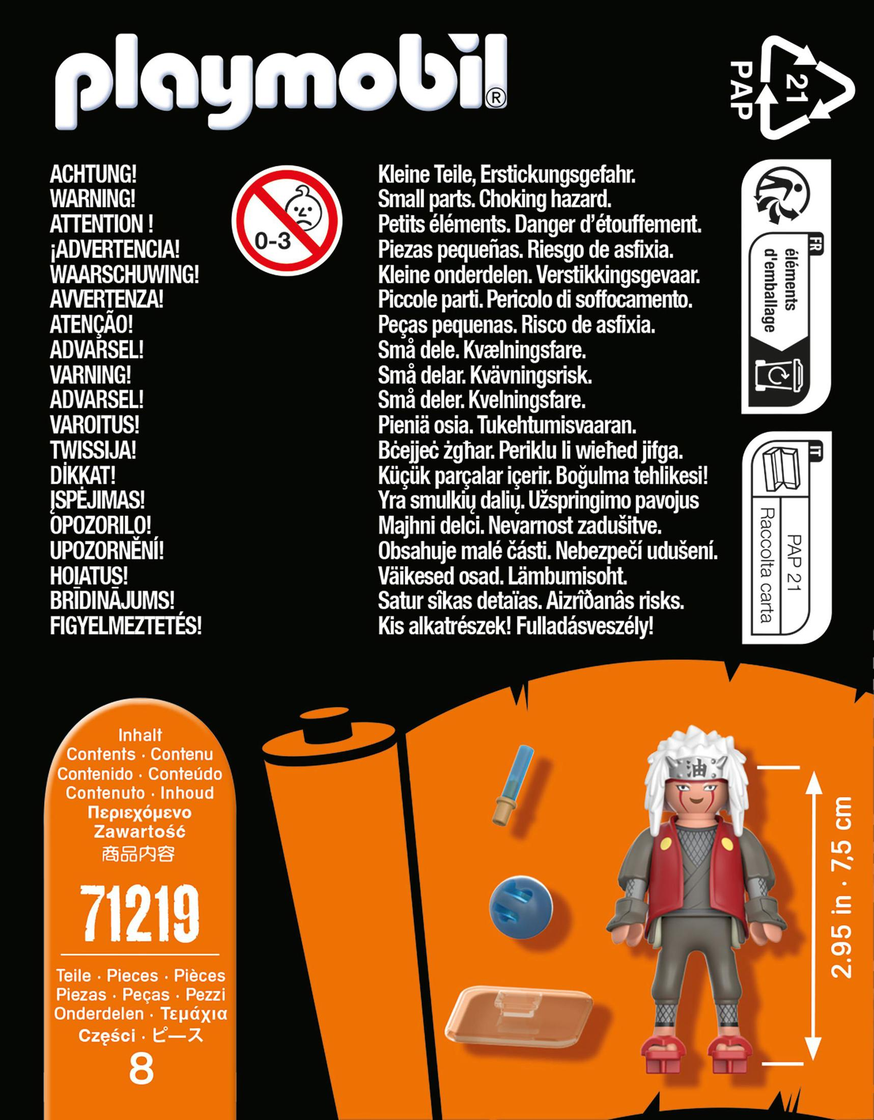 Eine Playmobil-Spielzeugkiste mit einer Figur und Zubehör. Text in mehreren Sprachen warnt vor Kleinteilen.