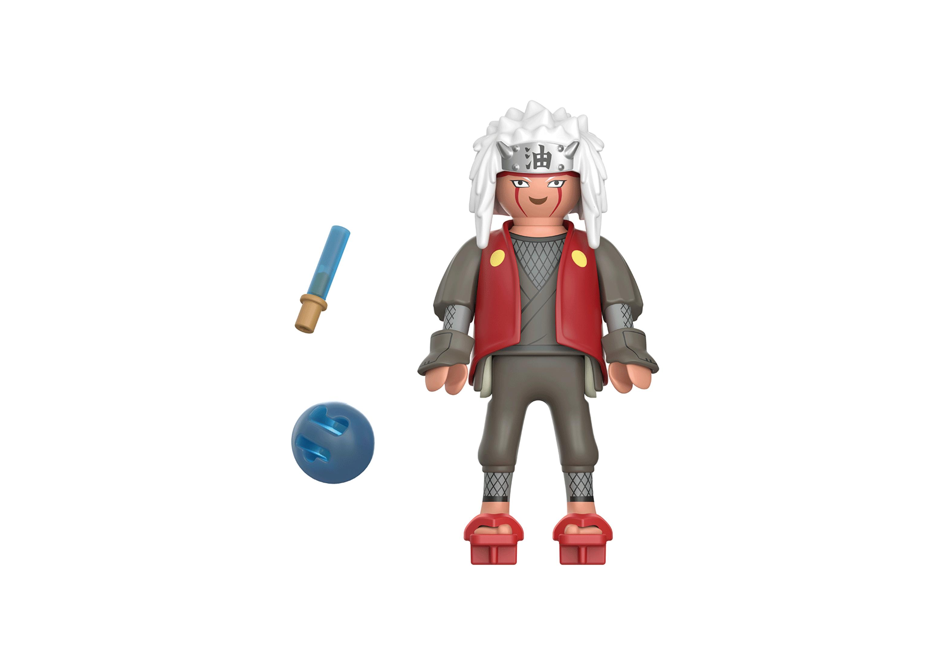 Eine Spielfigur von Jiraiya. Eine blaue Kugel und eine blaue Waffe liegen neben ihm auf weißem Hintergrund.