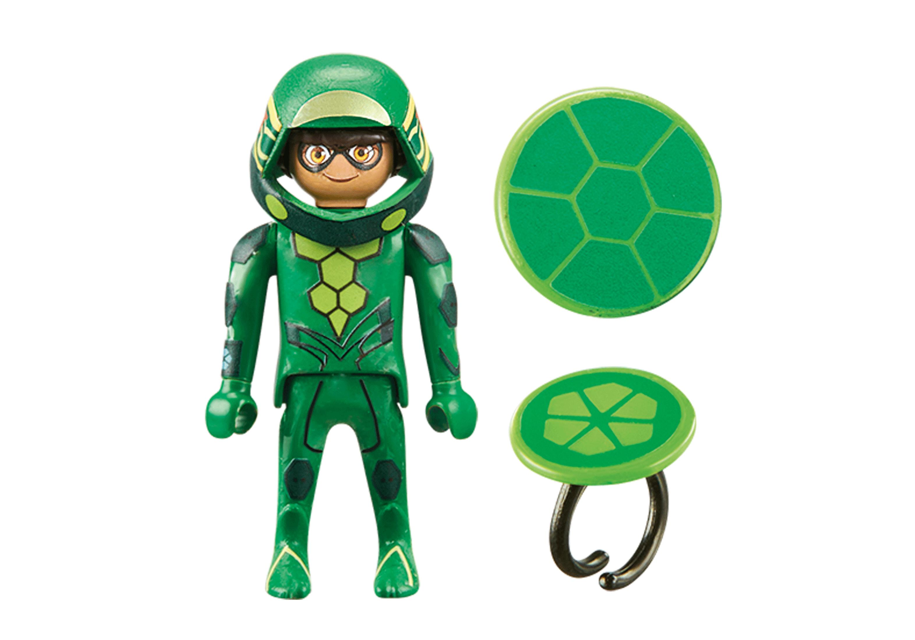 Playmobil-Figur im Schildkröten-Design, mit Zubehör wie Ring und Schild.