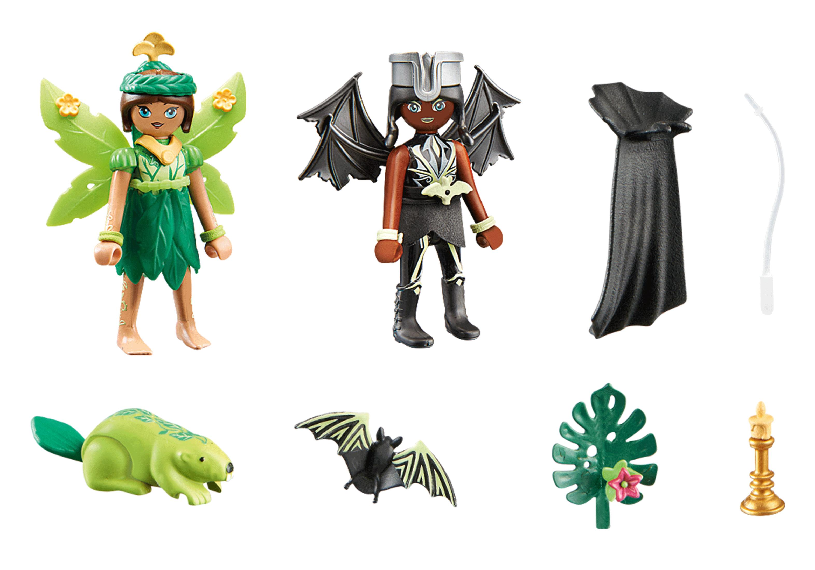 Figurki Playmobil z akcesoriami. Zawiera wróżki, nietoperze i pelerynę.