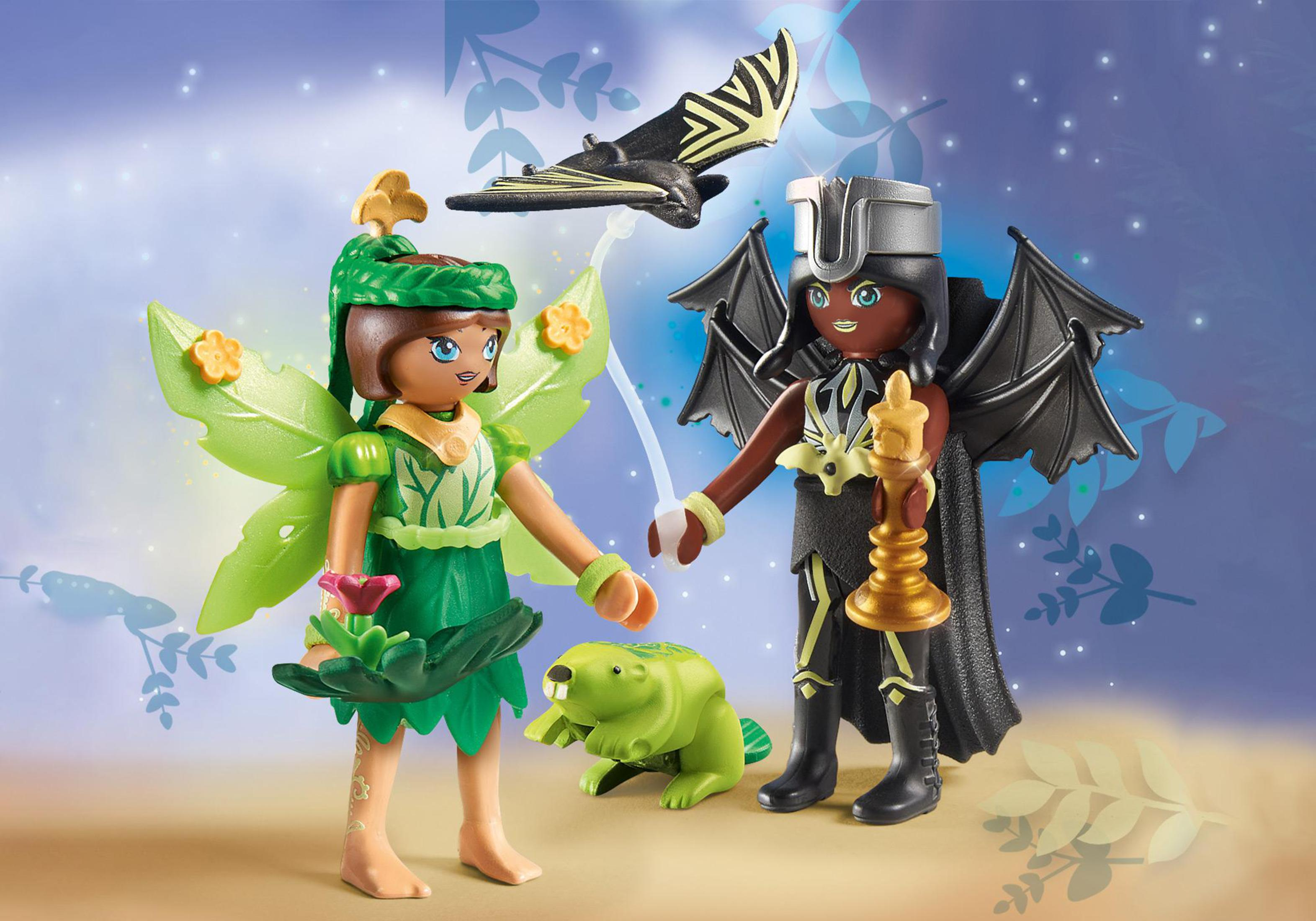 Figurki Playmobil, wróżka i mroczna królowa. Zawiera nietoperza, bobra i tło.