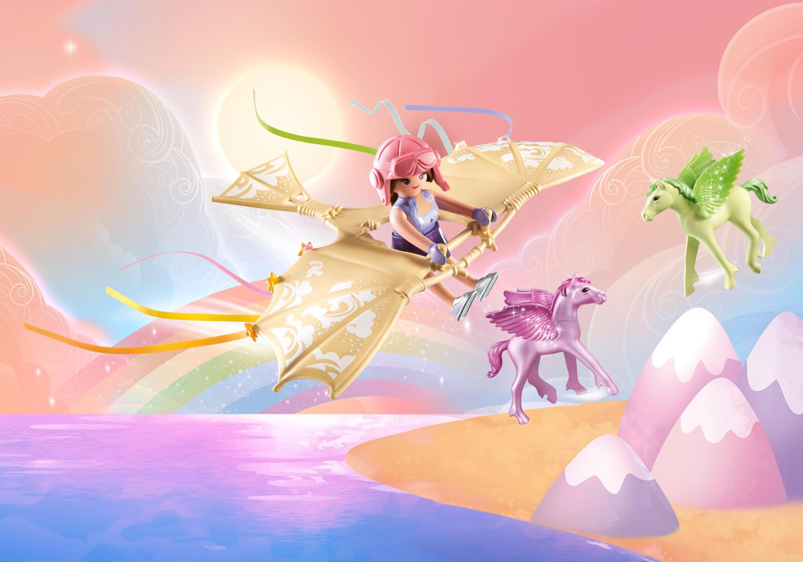 Ein Kind in einem Spielzeugflugzeug mit Pegasus-Spielzeug und buntem Hintergrund.